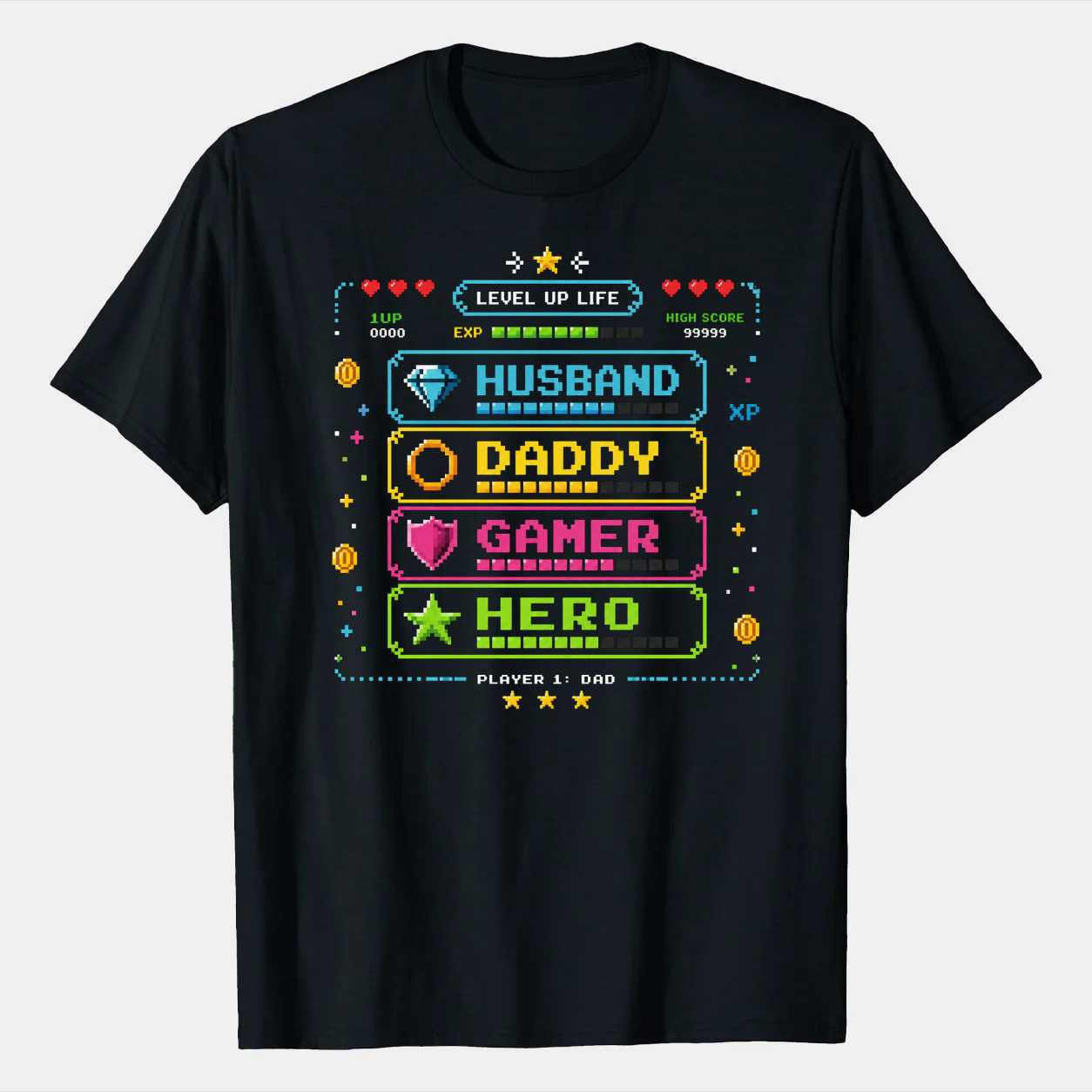 Gamer Dad T-Shirt - Husband Daddy Gamer Hero Retro Pixel Art Design | Premium Soft Cotton | Father's Day Gift for Gaming Dads and Husbands