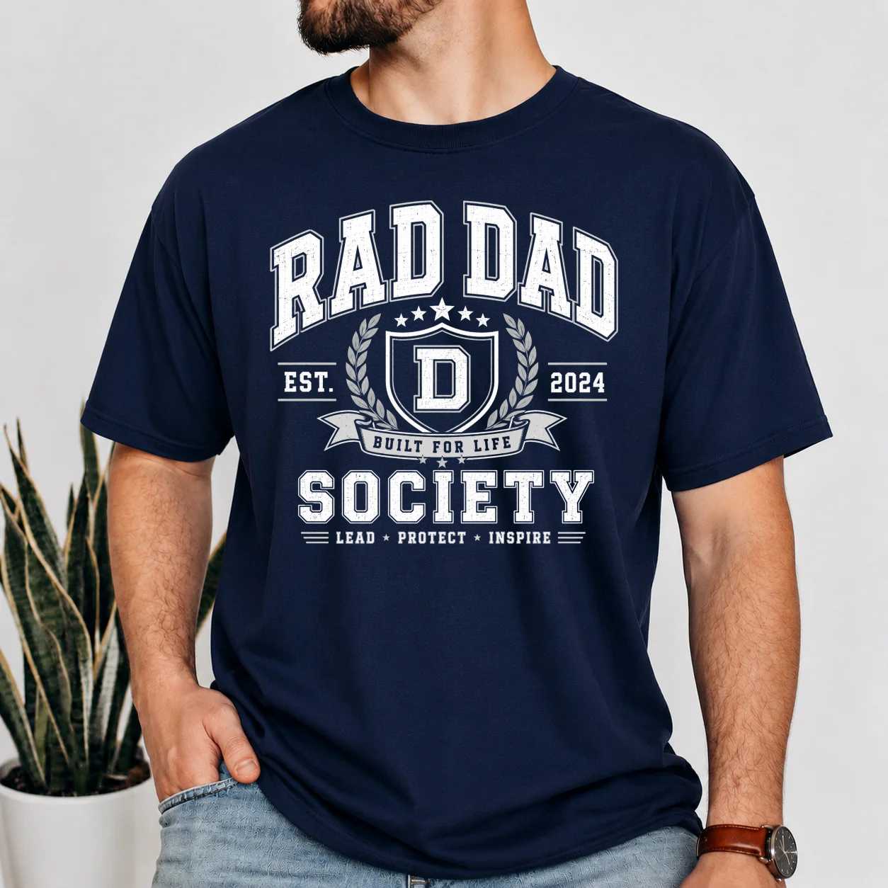 Rad Dad Society Varsity T-Shirt for Fathers, Collegiate Style Father's Day Graphic Tee