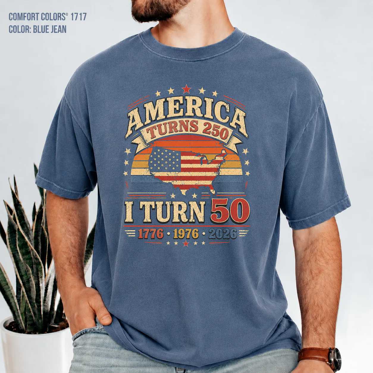 Retro America Turns 250 I Turn 50 Patriotic Birthday T-Shirt for Adults Born in 1976 USA Celebration Tee