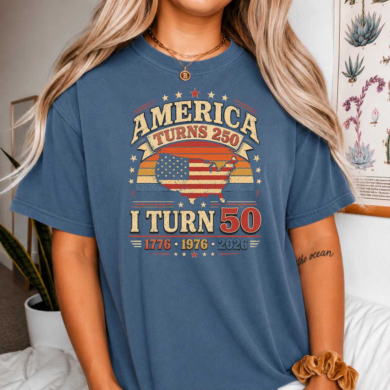 Retro America Turns 250 I Turn 50 Patriotic Birthday T-Shirt for Adults Born in 1976 USA Celebration Tee