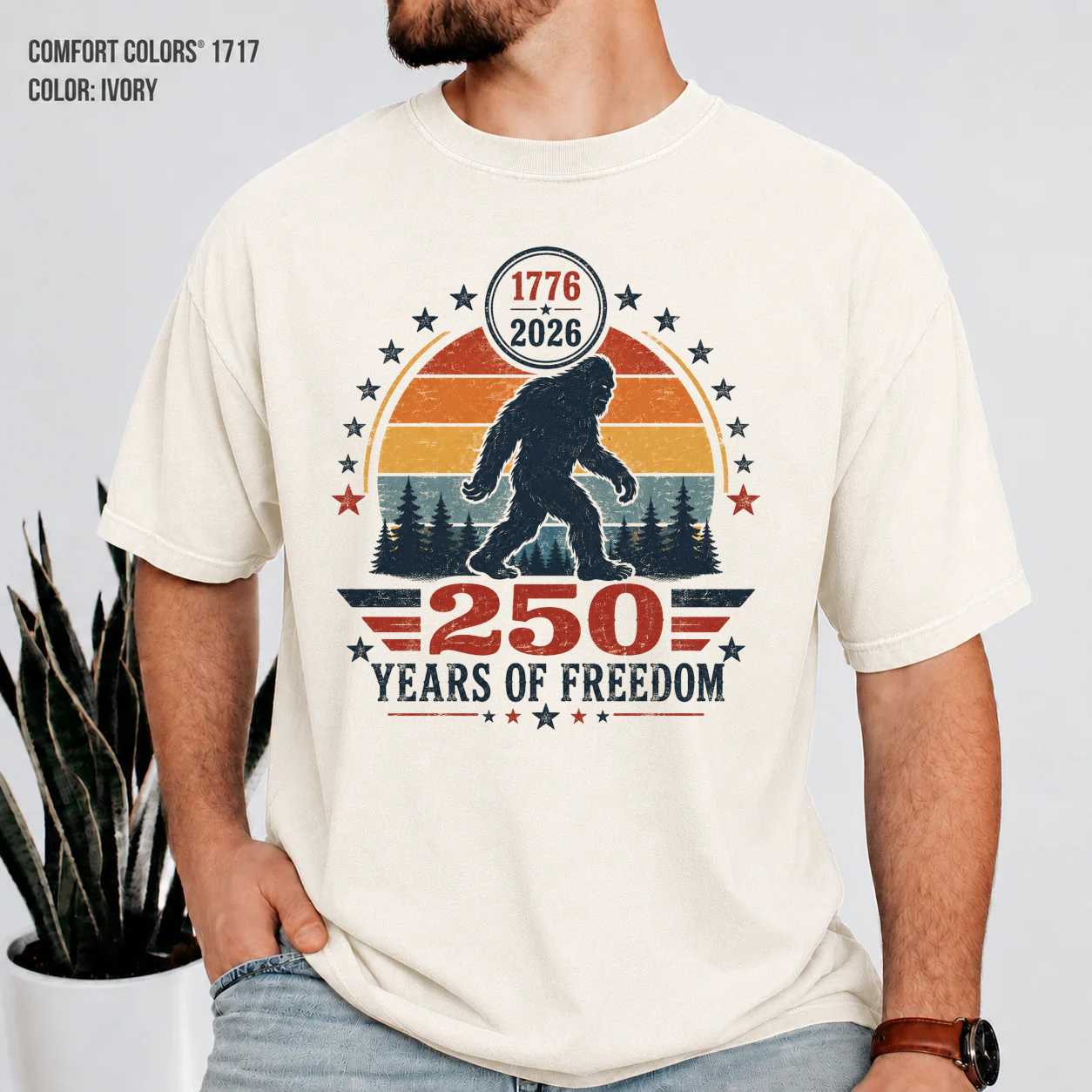 Retro Bigfoot America 250 T-Shirt Vintage Sunset Freedom Graphic Patriotic Sasquatch Tee