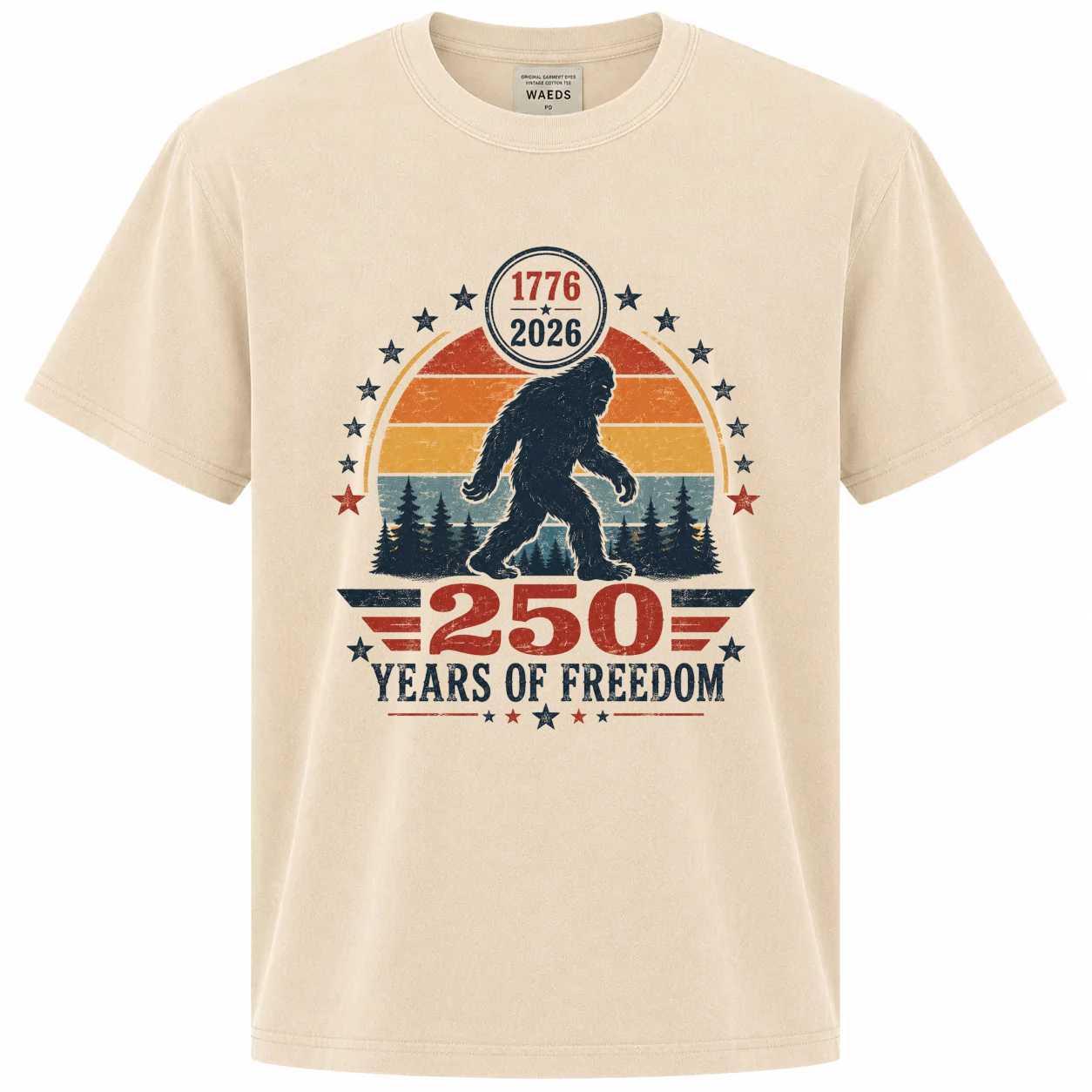 Retro Bigfoot America 250 T-Shirt Vintage Sunset Freedom Graphic Patriotic Sasquatch Tee