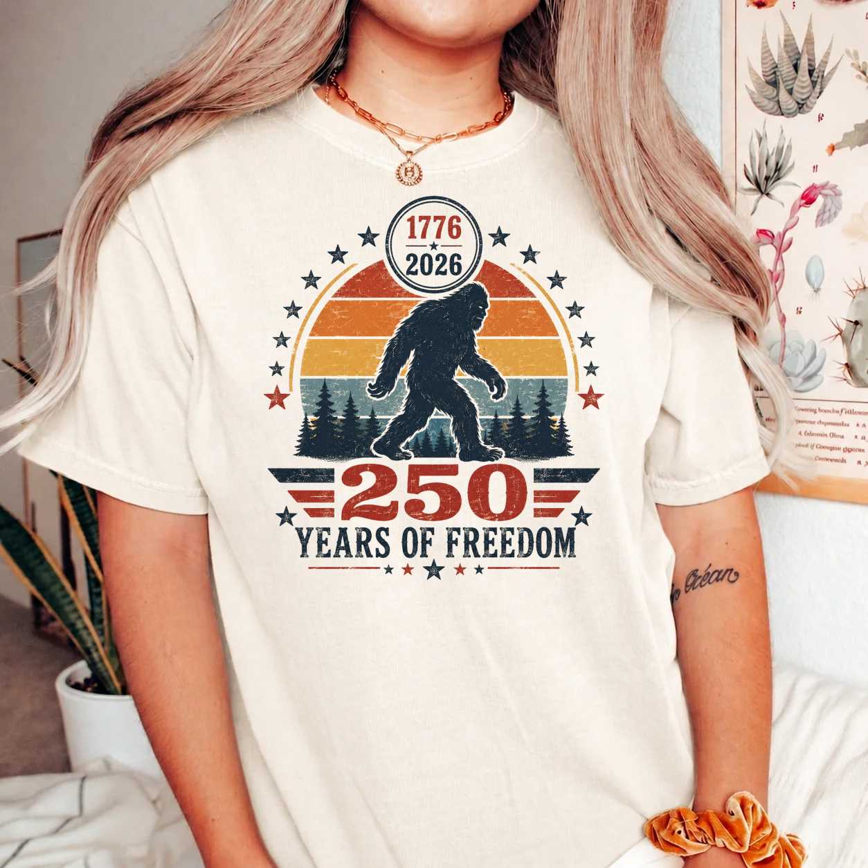 Retro Bigfoot America 250 T-Shirt Vintage Sunset Freedom Graphic Patriotic Sasquatch Tee