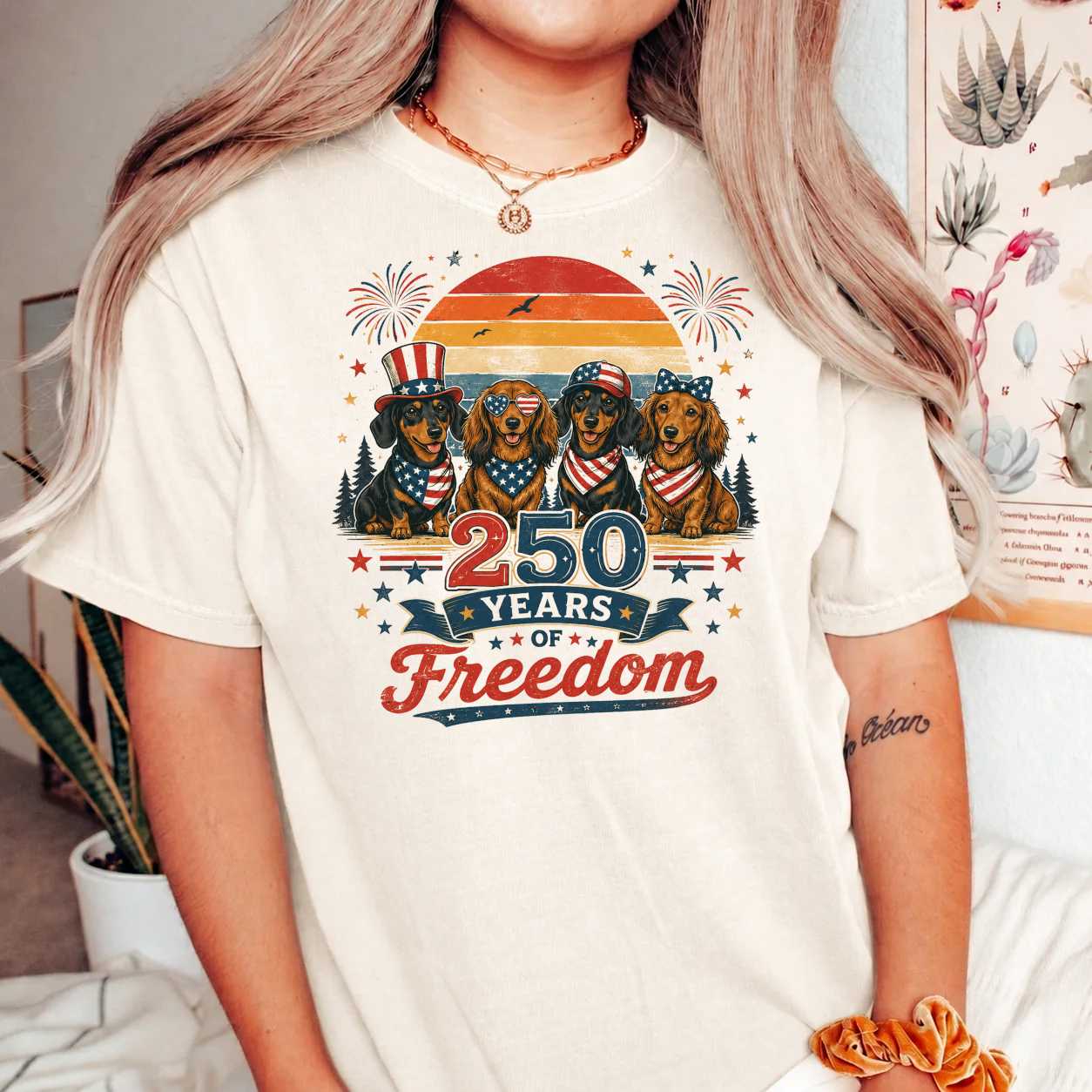 Retro Dachshund Shirt America 250 Freedom Celebration T-Shirt Patriotic Dog Lover Fourth of July Graphic Tee
