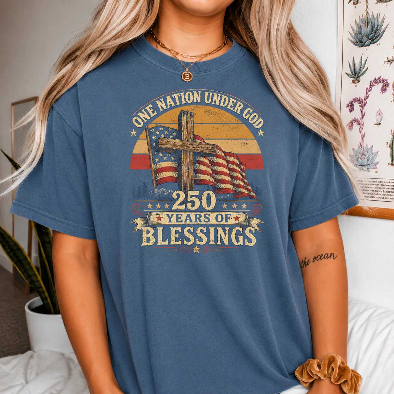 Retro Patriotic Christian Shirt One Nation Under God 250 Years of Blessings Americana Graphic T-Shirt