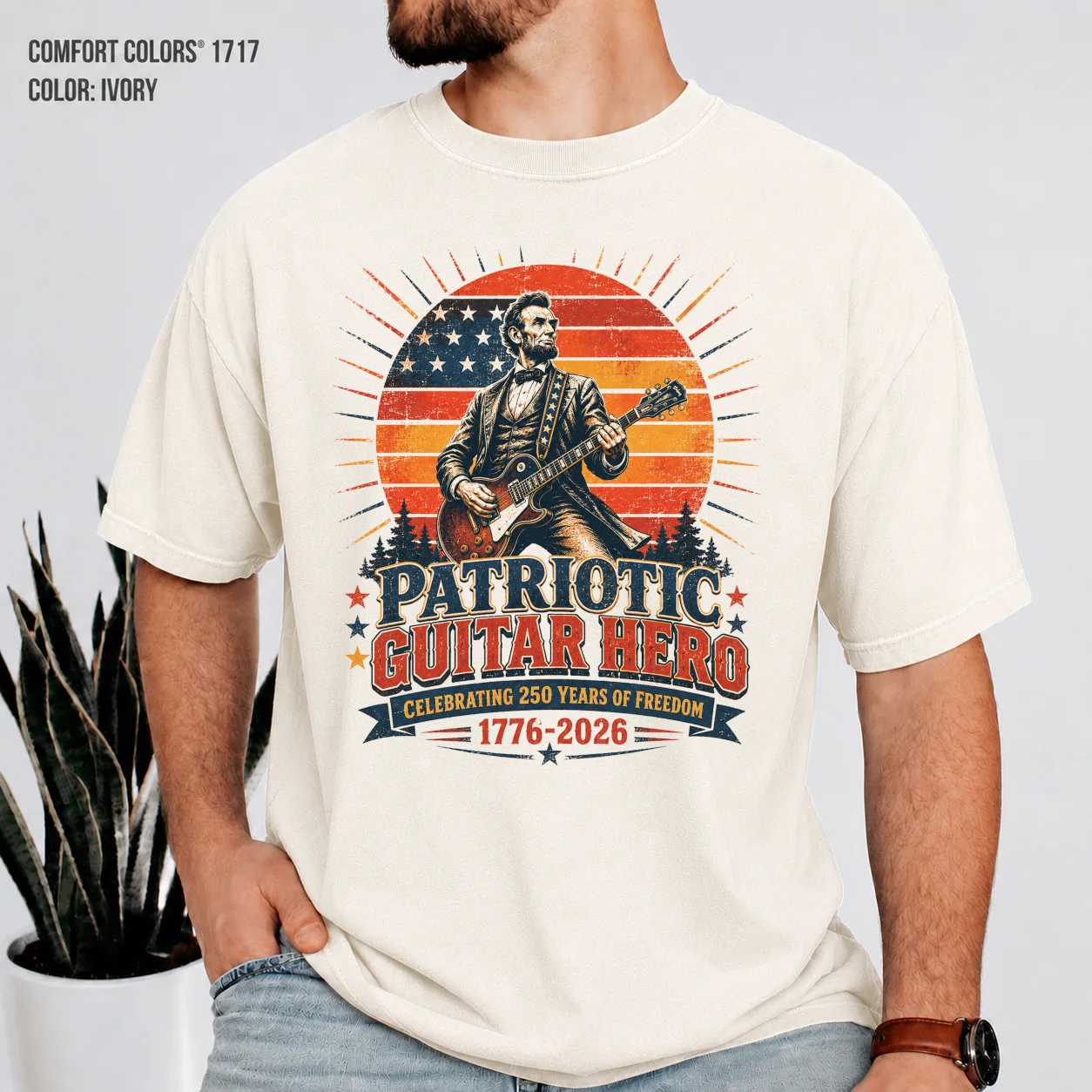Retro Sunset Patriotic Guitar Hero T-Shirt, America 250th Anniversary Independence Day Graphic Tee