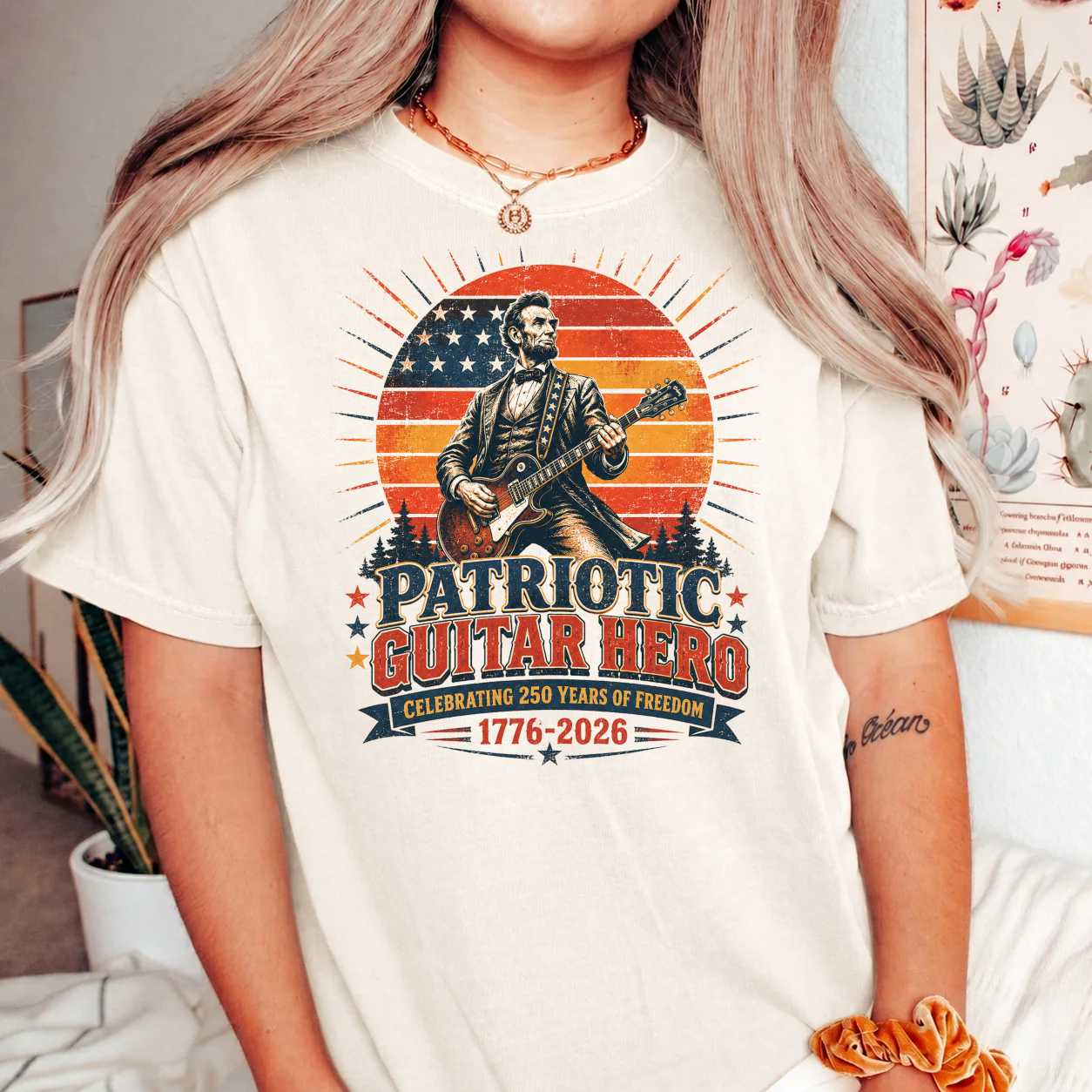 Retro Sunset Patriotic Guitar Hero T-Shirt, America 250th Anniversary Independence Day Graphic Tee