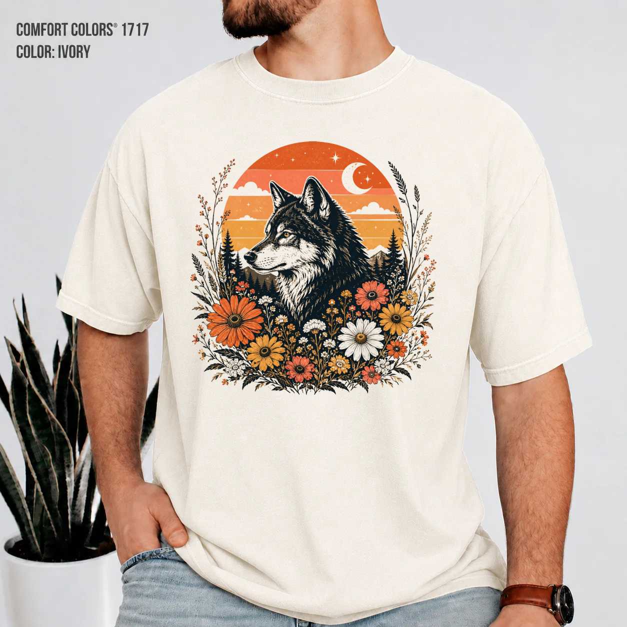 Retro Sunset Wolf Floral Graphic T-Shirt for Women, Nature Inspired Boho Wildlife Tee