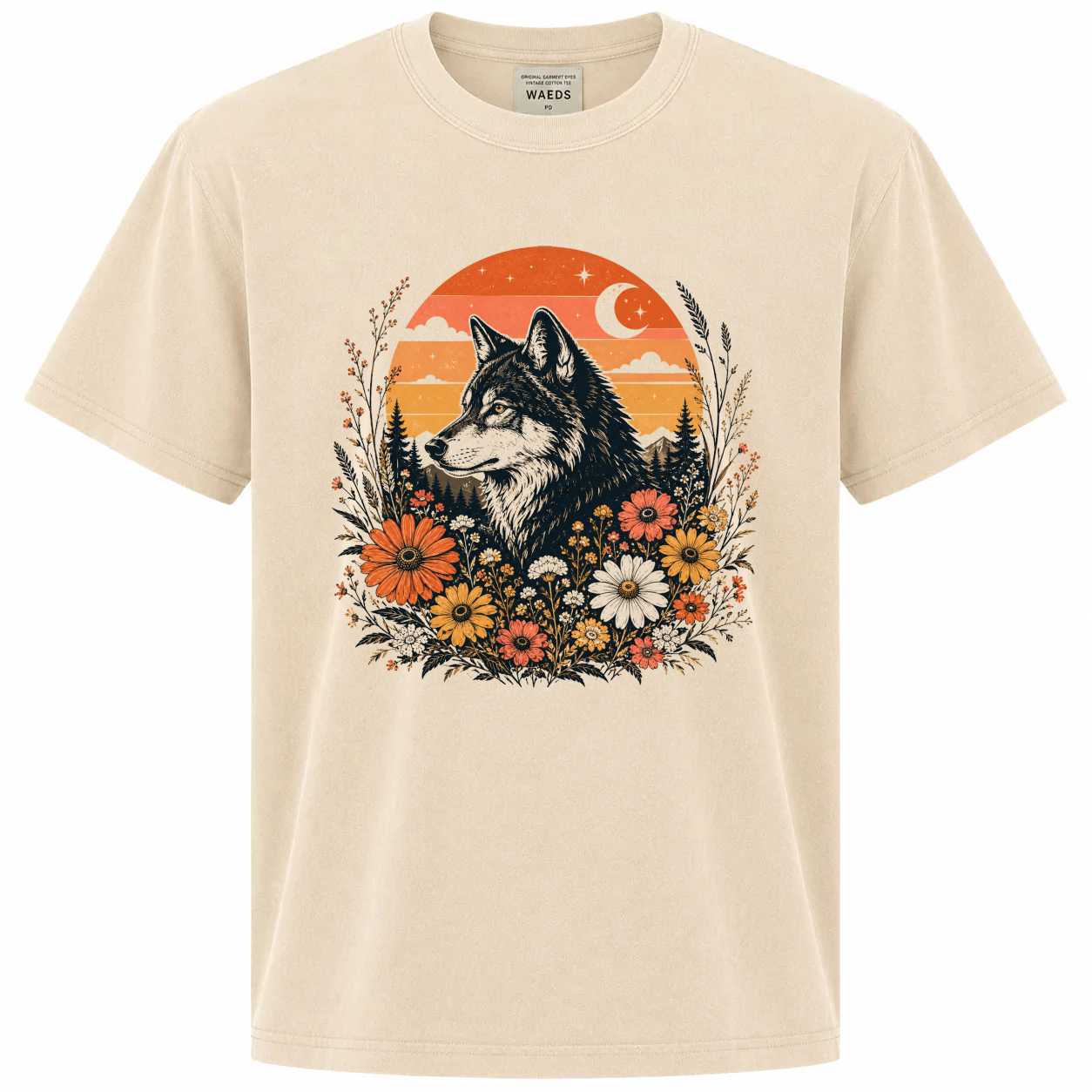 Retro Sunset Wolf Floral Graphic T-Shirt for Women, Nature Inspired Boho Wildlife Tee