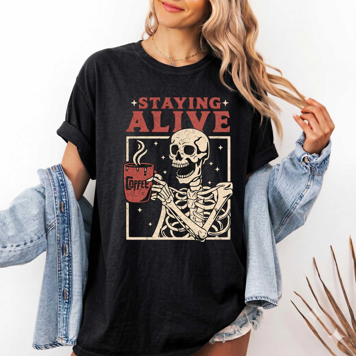 Staying Alive T-Shirt - Fun Coffee Design | Soft Cotton | Perfect