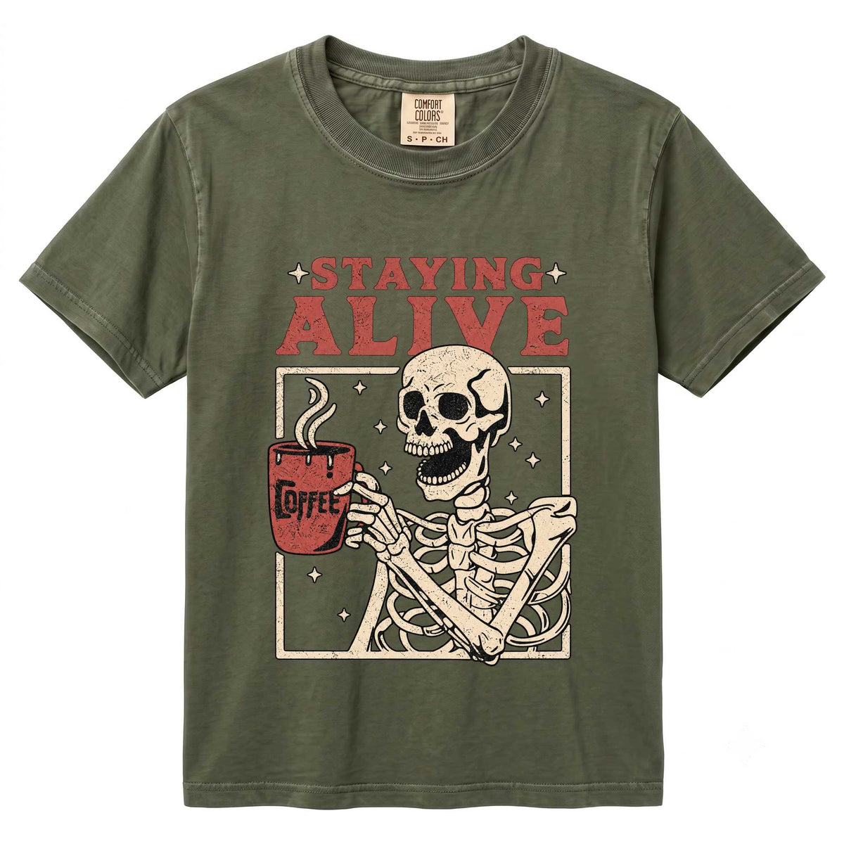 Staying Alive T-Shirt - Fun Coffee Design | Soft Cotton | Perfect