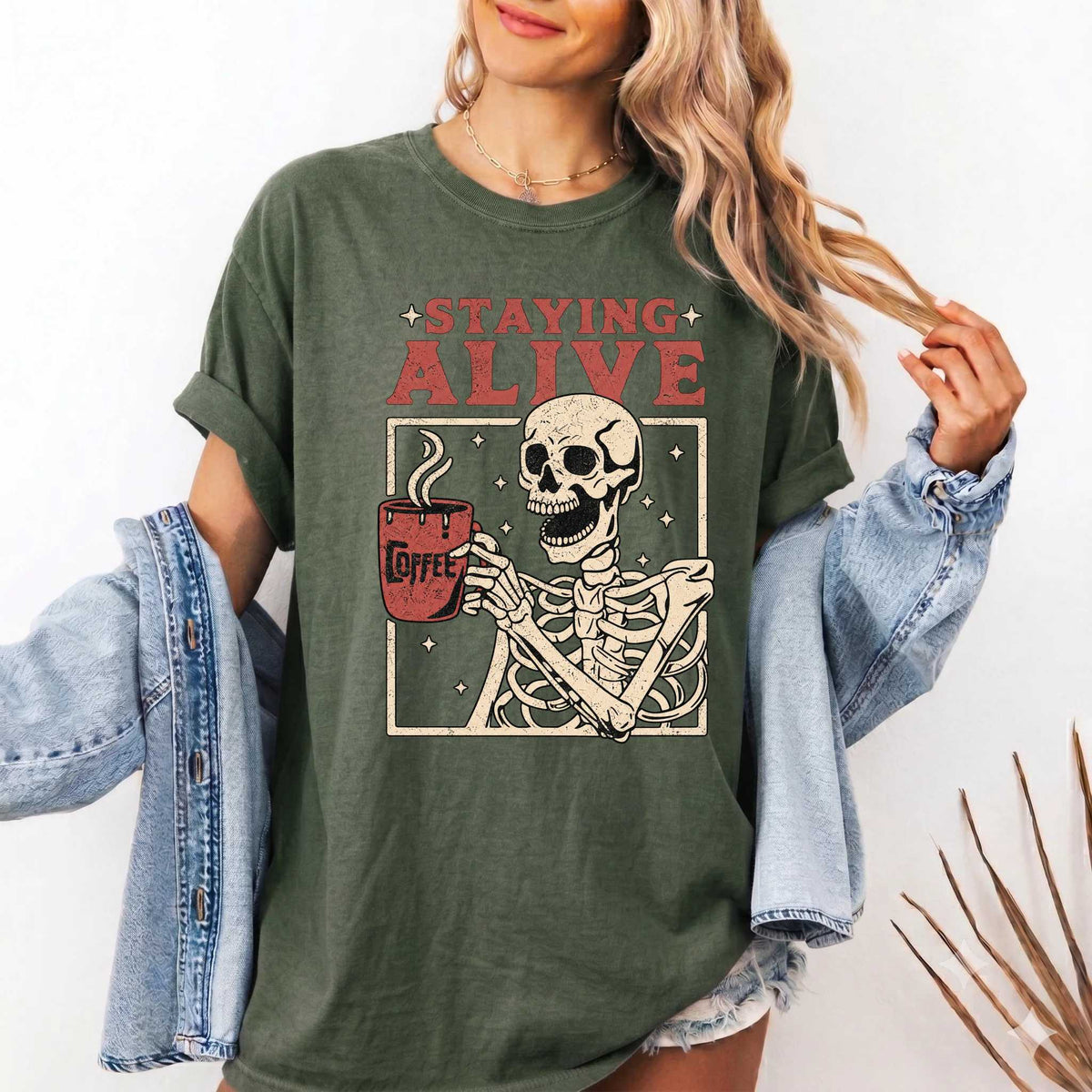 Staying Alive Coffee Comfort Colors Shirt - Fun Skeleton Graphic | Soft Cotton | Unique Gift Idea