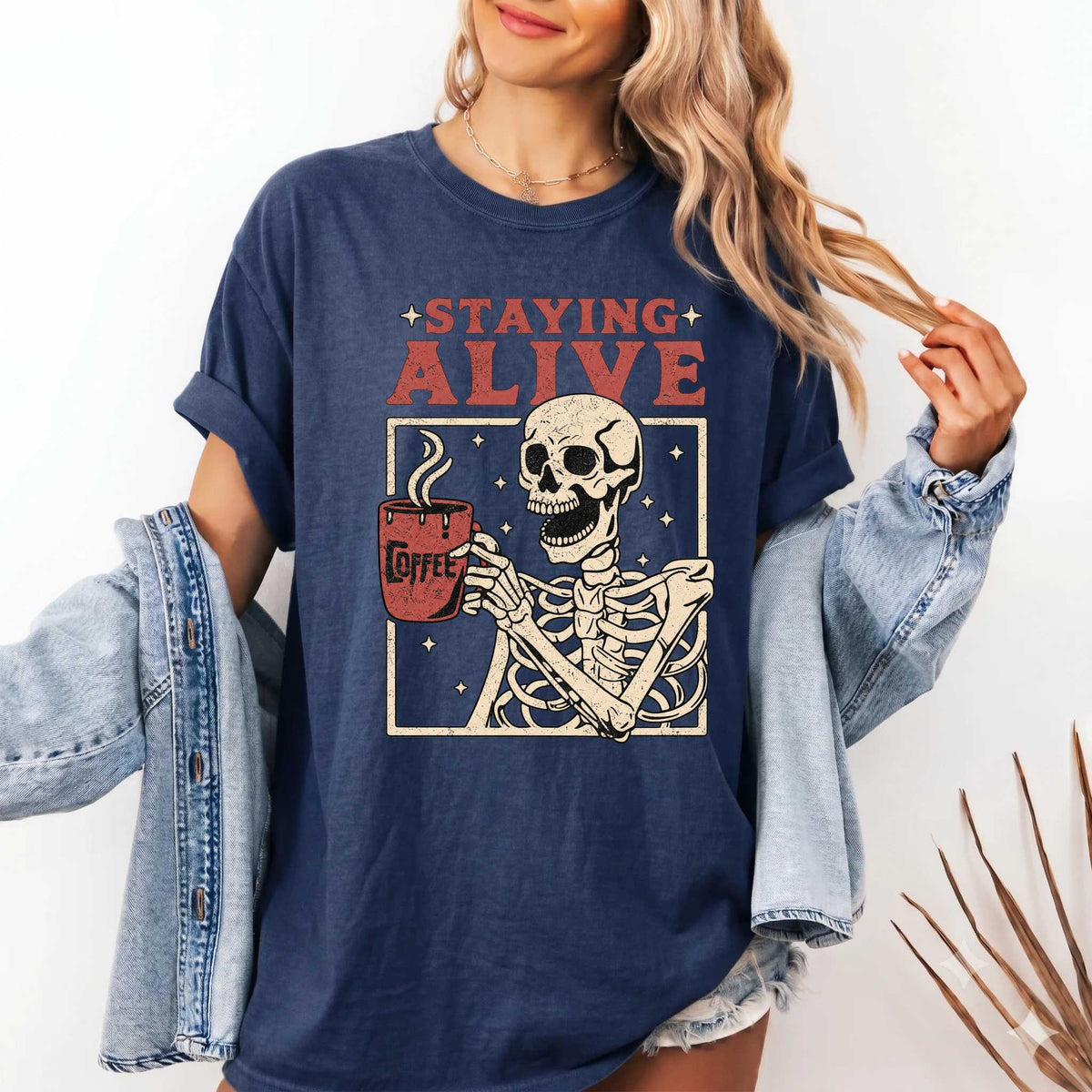 Staying Alive Coffee Comfort Colors Shirt - Fun Skeleton Graphic | Soft Cotton | Unique Gift Idea