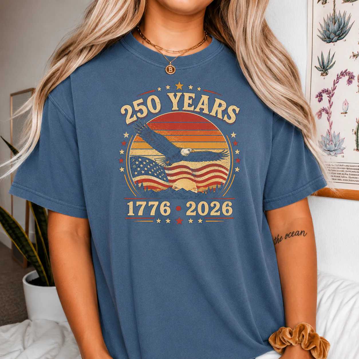 USA 250 Celebration T-Shirt Retro Sunset Eagle American Independence Anniversary Graphic Tee