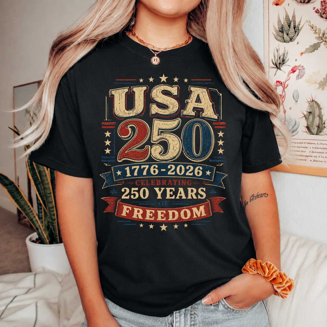 USA 250 T-Shirt Patriotic Typography 1776-2026 America Anniversary Independence Day Graphic Tee