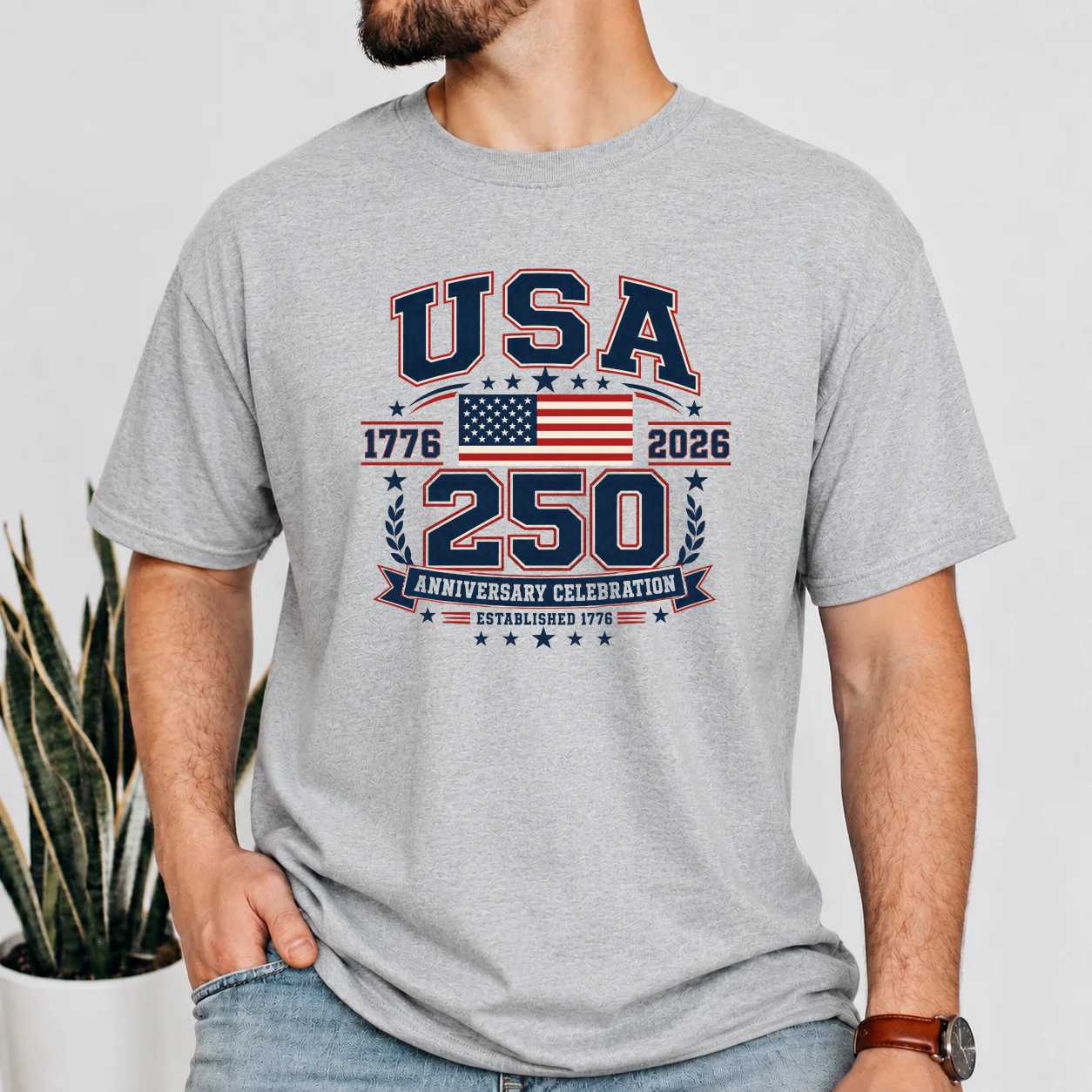USA 250 Varsity T-Shirt Collegiate Patriotic American Flag Anniversary Celebration Graphic Tee
