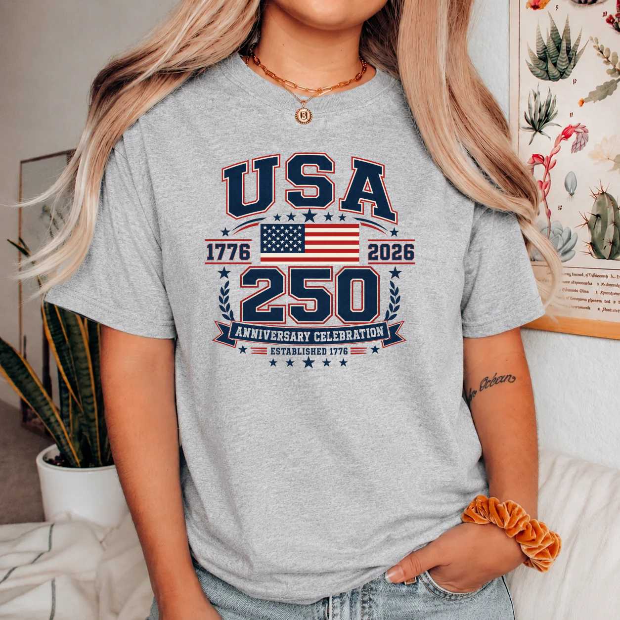USA 250 Varsity T-Shirt Collegiate Patriotic American Flag Anniversary Celebration Graphic Tee