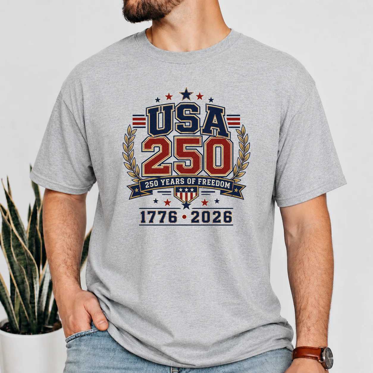 USA 250 Varsity T-Shirt Collegiate Patriotic Independence Anniversary Graphic Tee 1776 2026