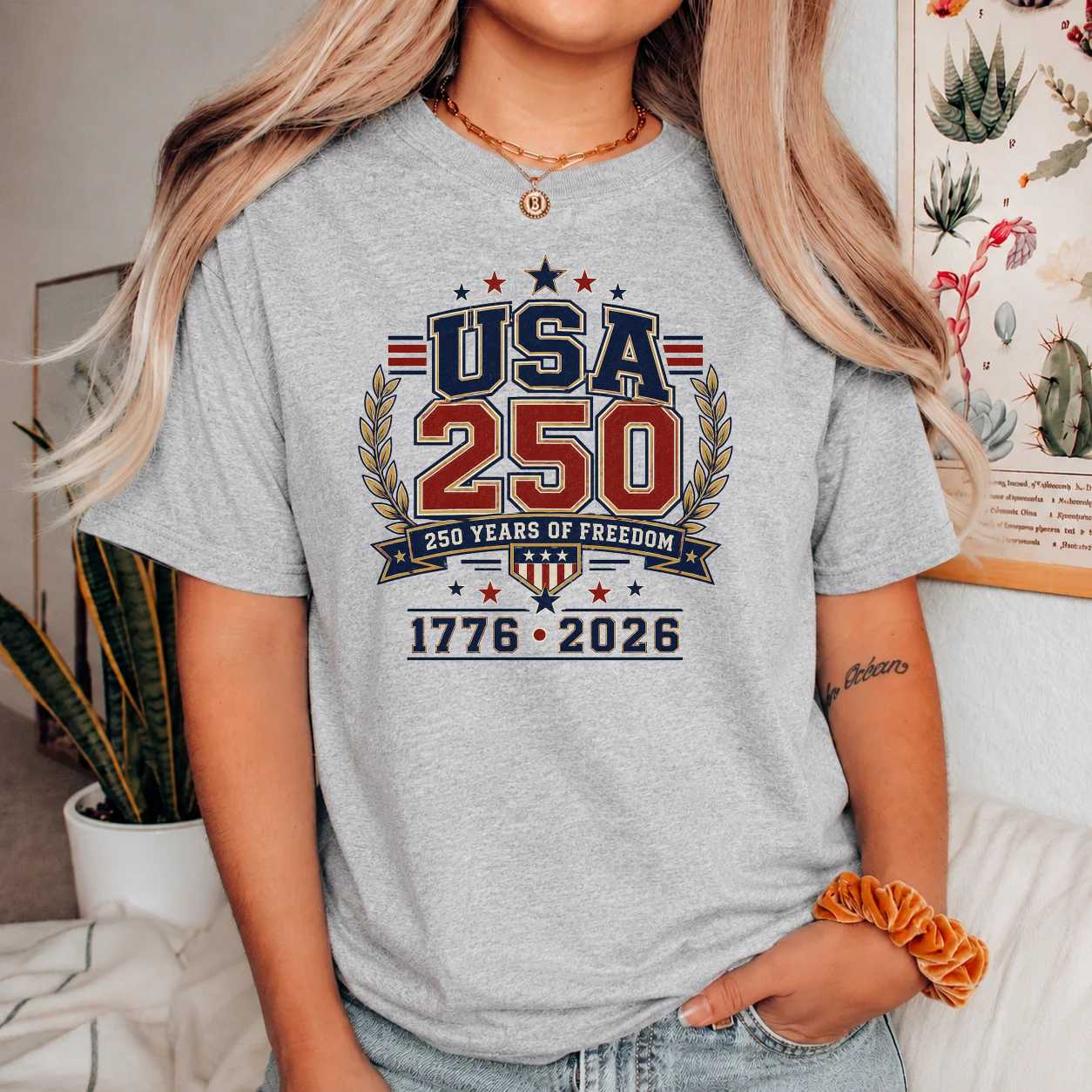 USA 250 Varsity T-Shirt Collegiate Patriotic Independence Anniversary Graphic Tee 1776 2026