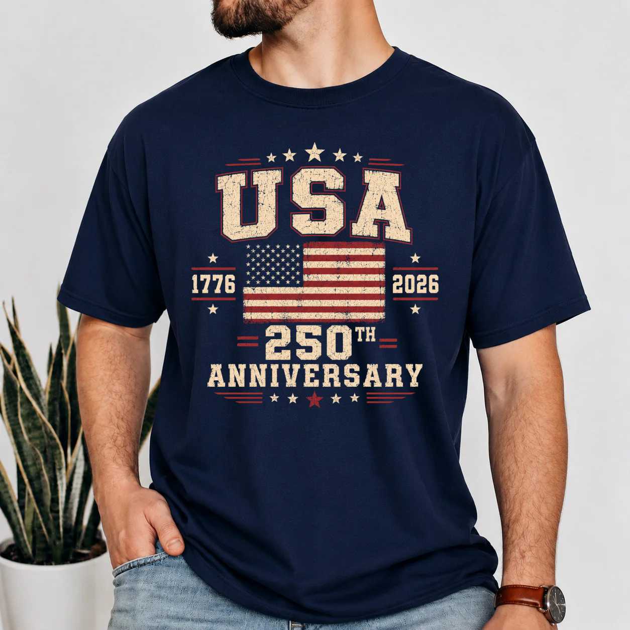 USA 250th Anniversary T-Shirt Vintage Distressed American Flag Patriotic Independence Day Heritage Graphic Tee