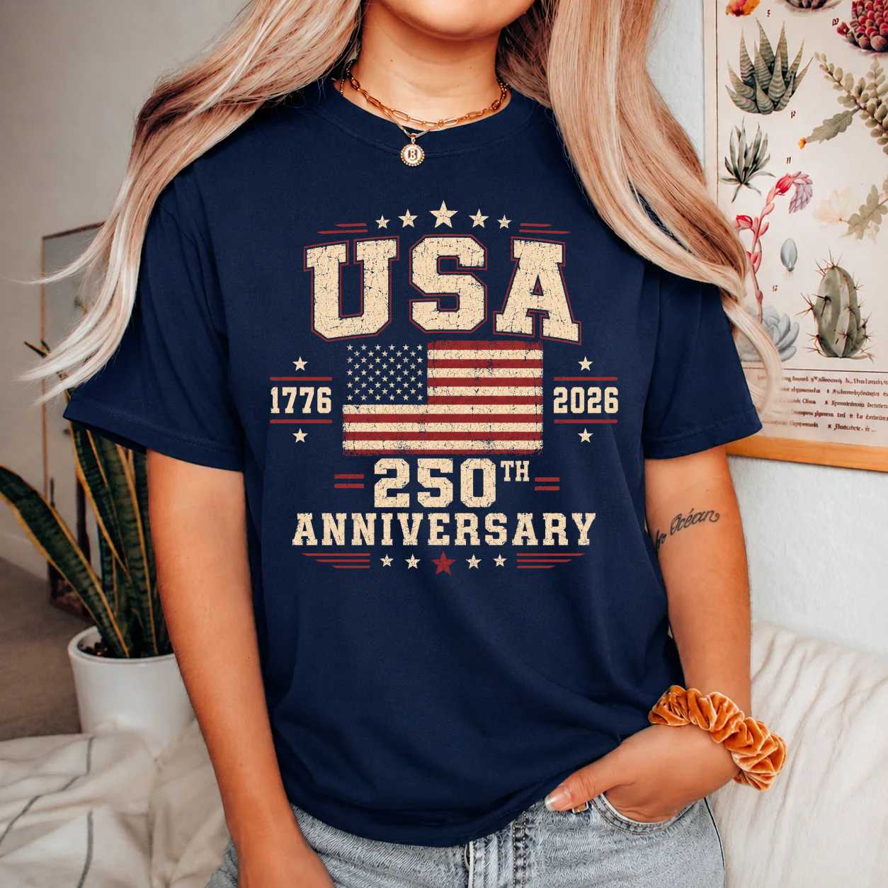 USA 250th Anniversary T-Shirt Vintage Distressed American Flag Patriotic Independence Day Heritage Graphic Tee