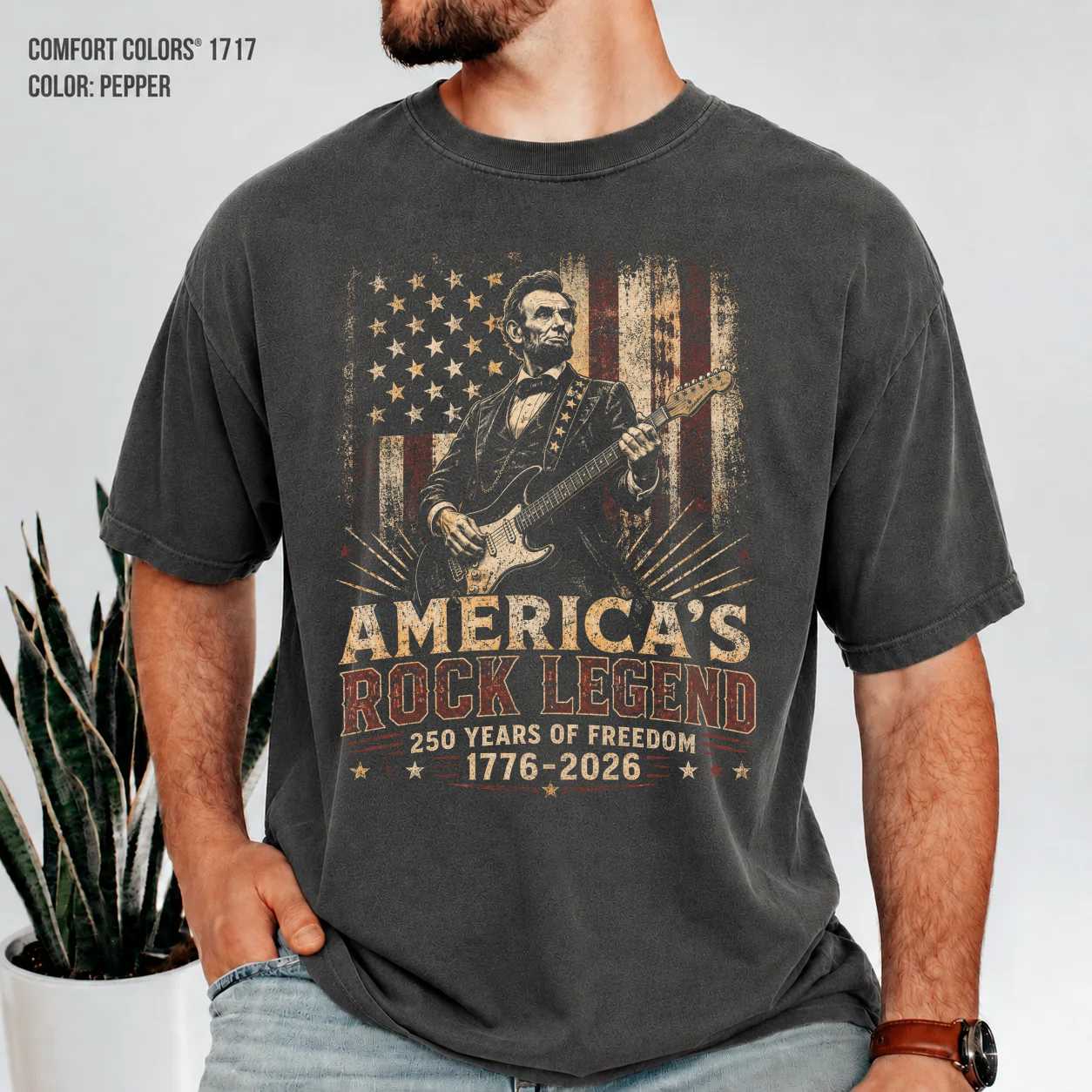 Vintage Distressed Lincoln Rock Legend T-Shirt, America 250th Anniversary Patriotic Guitar Graphic Tee for Independence Day