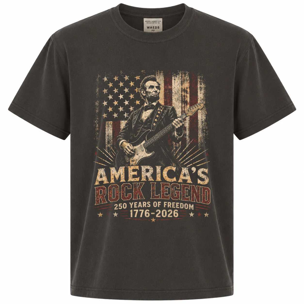 Vintage Distressed Lincoln Rock Legend T-Shirt, America 250th Anniversary Patriotic Guitar Graphic Tee for Independence Day