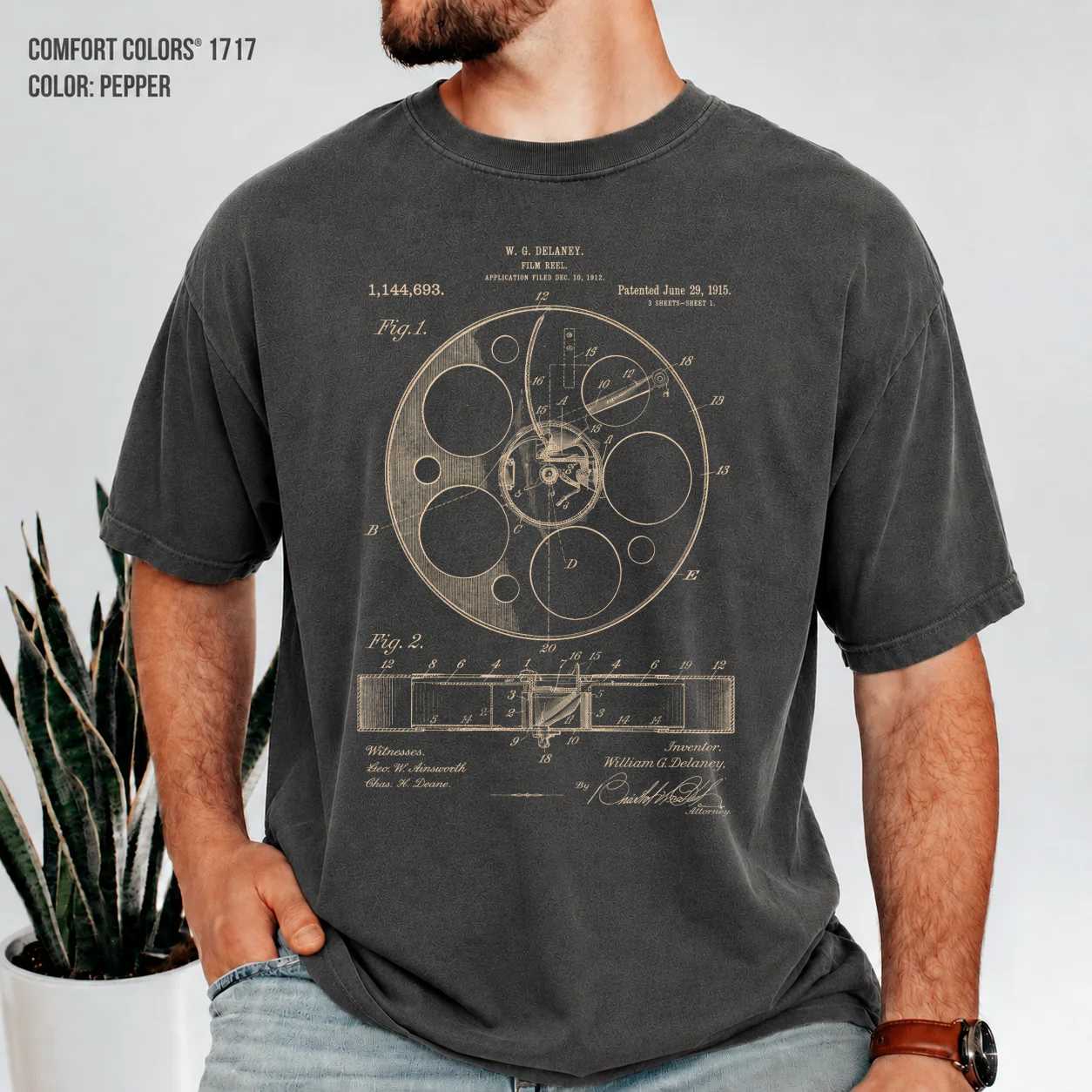Vintage Film Patent T-Shirt Featuring Classic Cinema Reel Blueprint Artwork for Movie Lovers