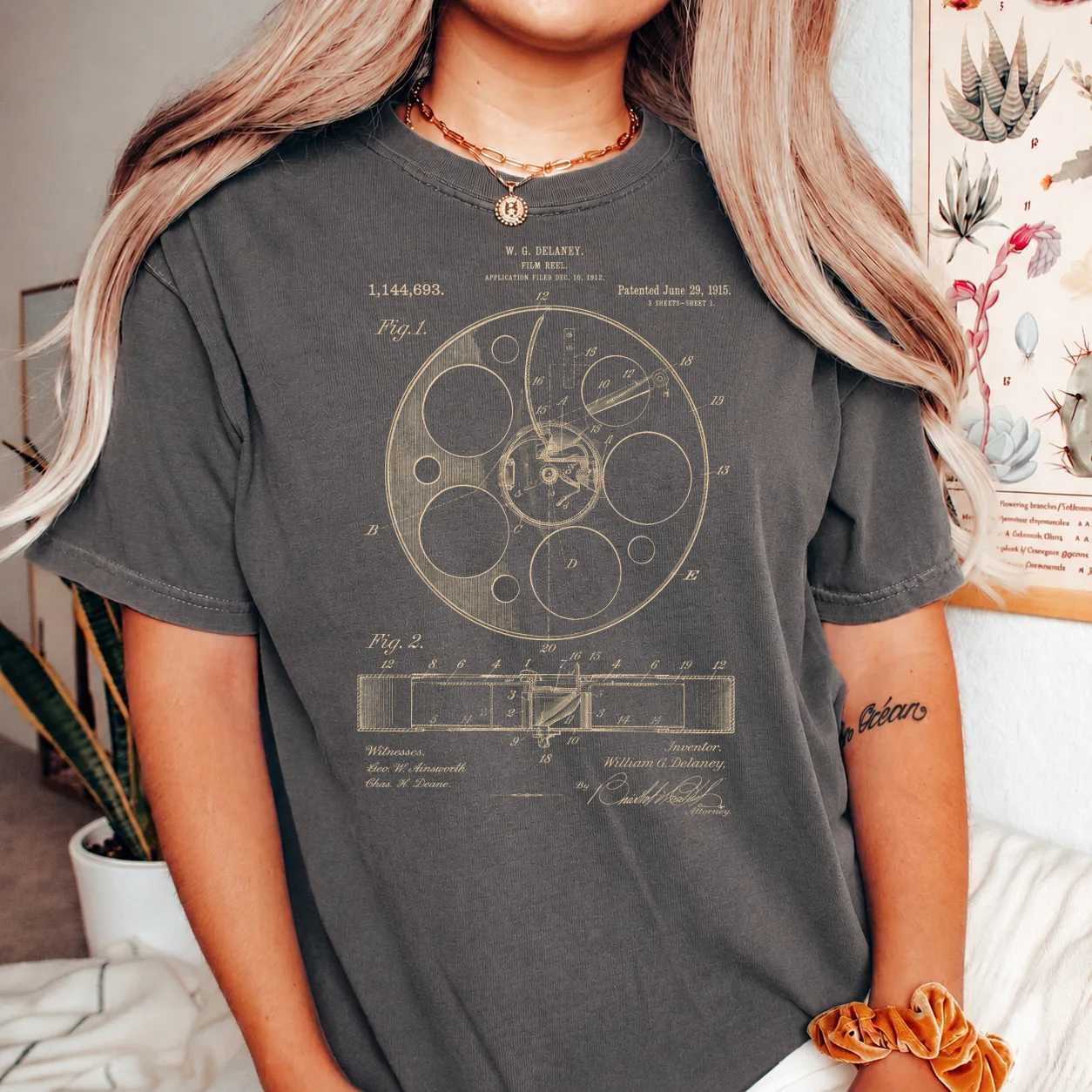 Vintage Film Patent T-Shirt Featuring Classic Cinema Reel Blueprint Artwork for Movie Lovers