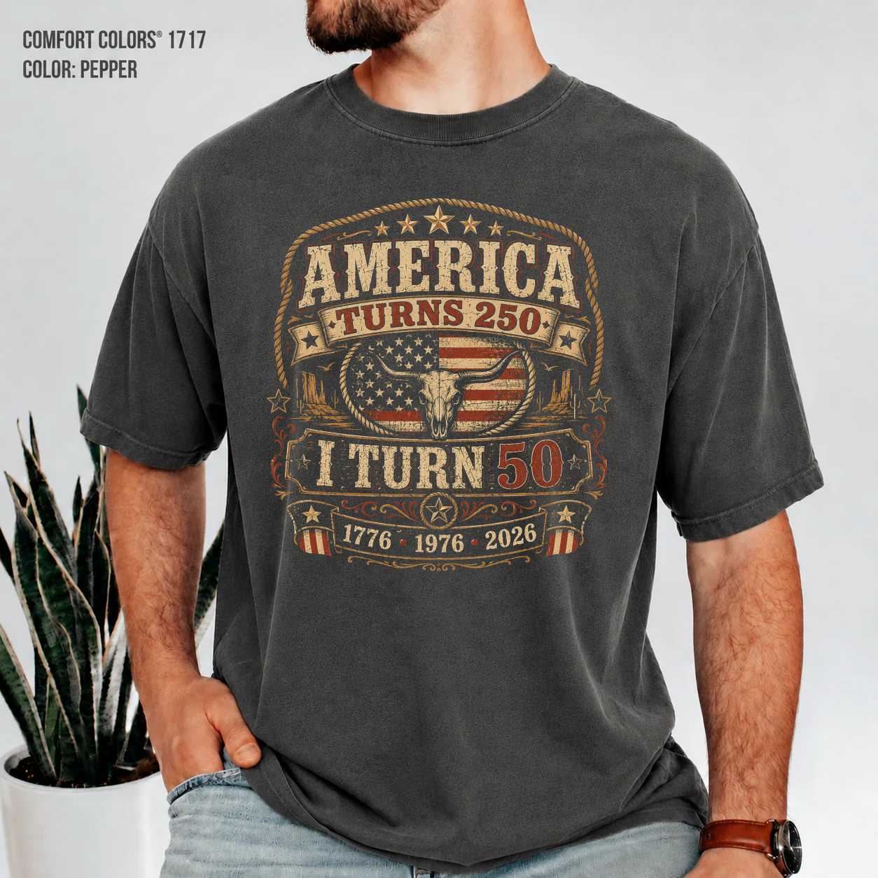 Western America Turns 250 I Turn 50 Patriotic Birthday T-Shirt for Adults Born in 1976 Rustic USA Tee