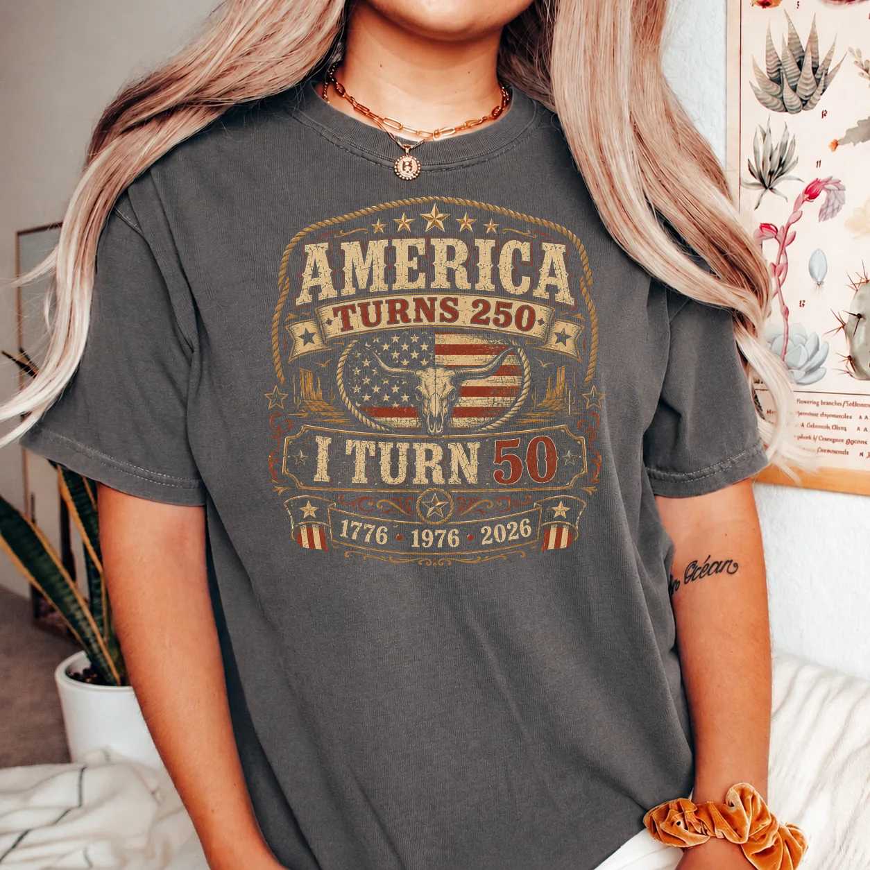 Western America Turns 250 I Turn 50 Patriotic Birthday T-Shirt for Adults Born in 1976 Rustic USA Tee