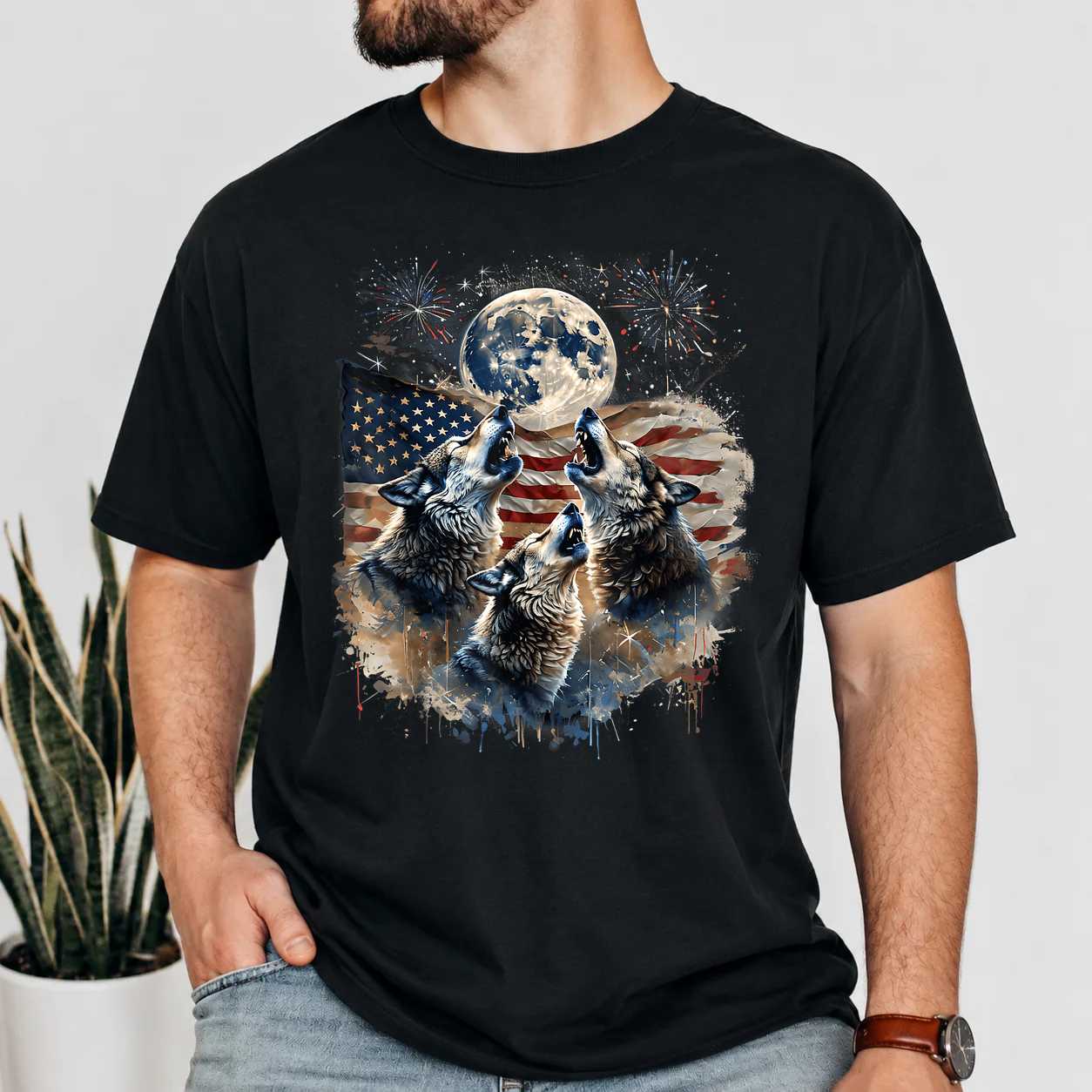Howling Wolves Under Moon T-Shirt for Independence Day - Patriotic Wolf Design, Great Gift