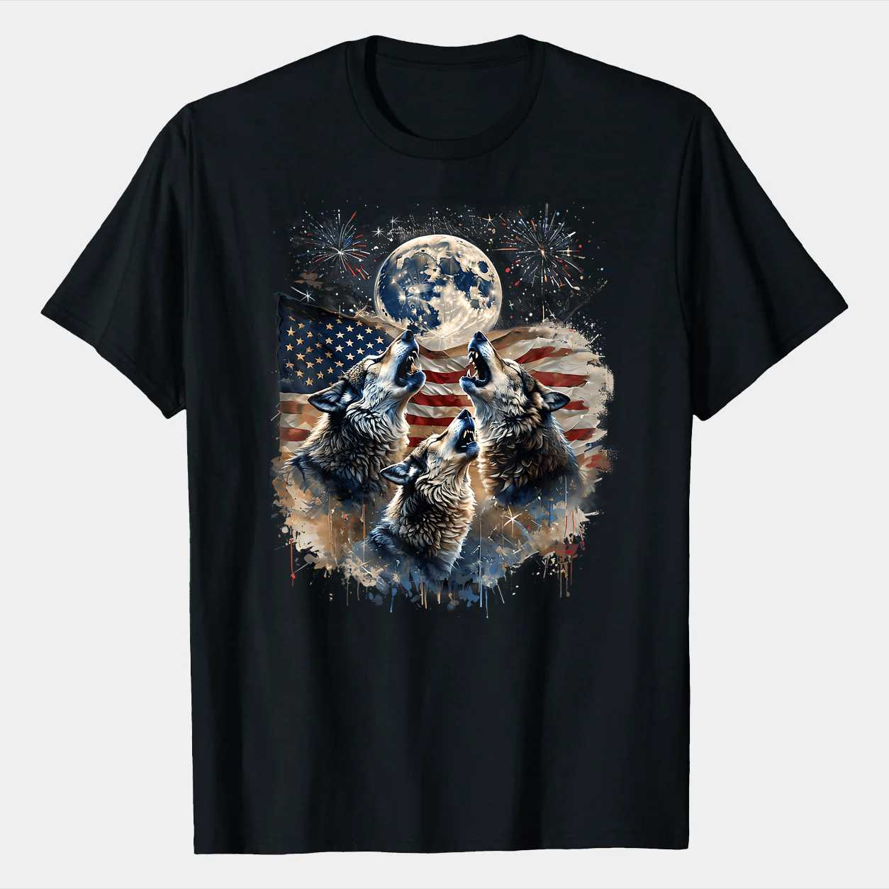 Howling Wolves Under Moon T-Shirt for Independence Day - Patriotic Wolf Design, Great Gift