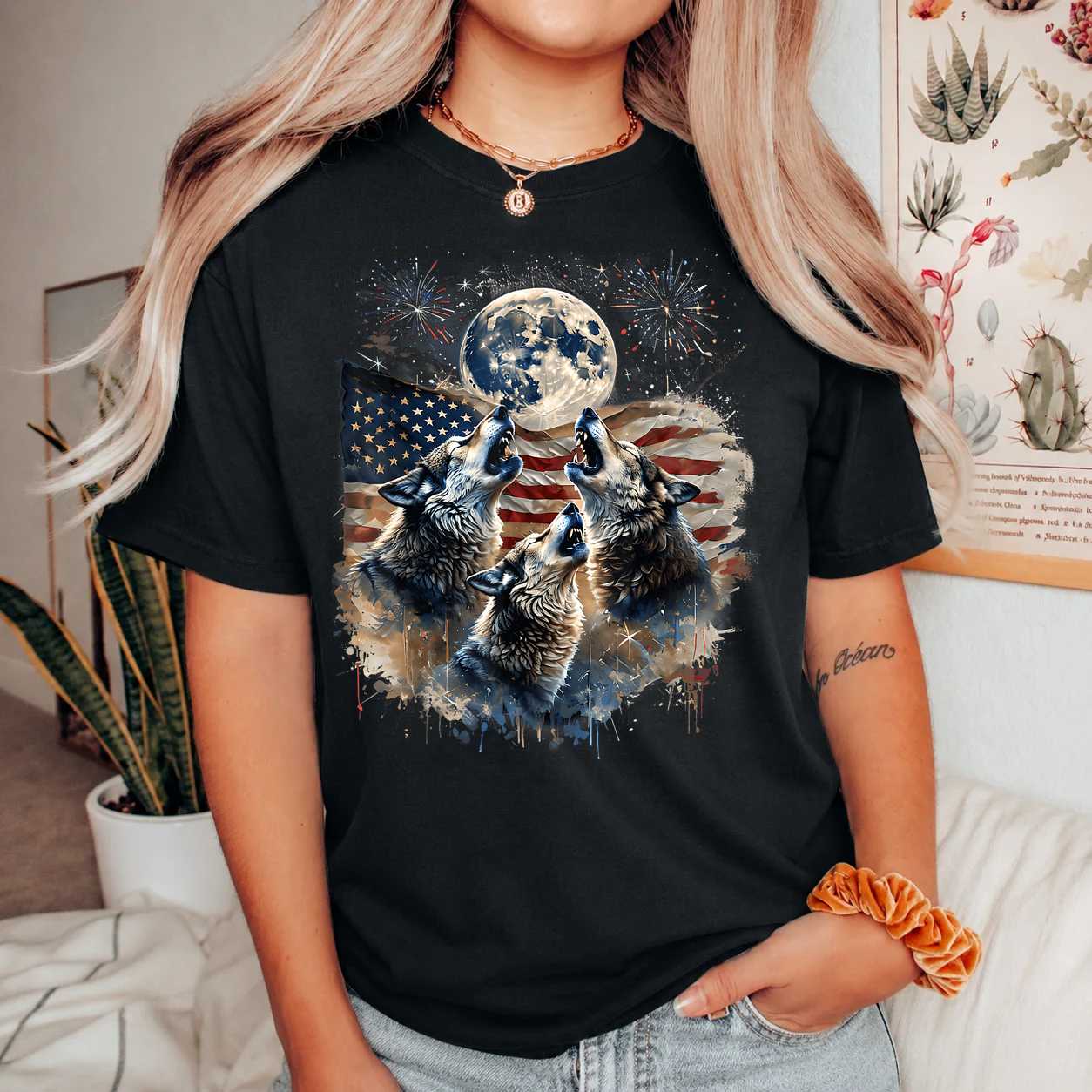 Howling Wolves Under Moon T-Shirt for Independence Day - Patriotic Wolf Design, Great Gift