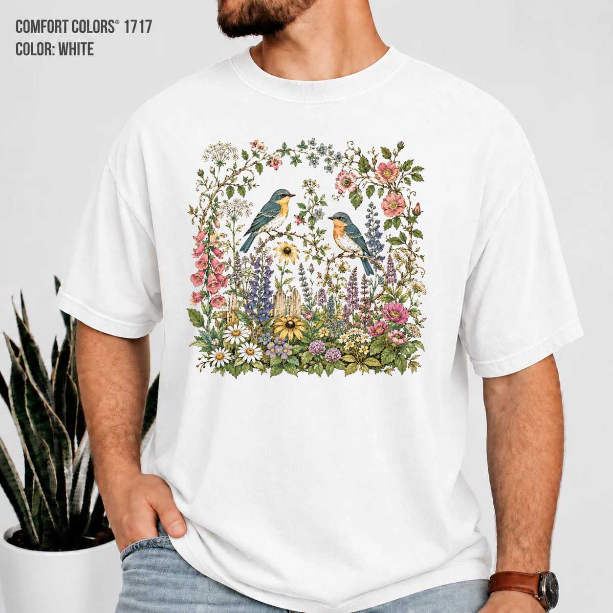 Bluebirds in Garden Flowers Nature T-Shirt for Women Botanical Bird Lover Gift Graphic Tee
