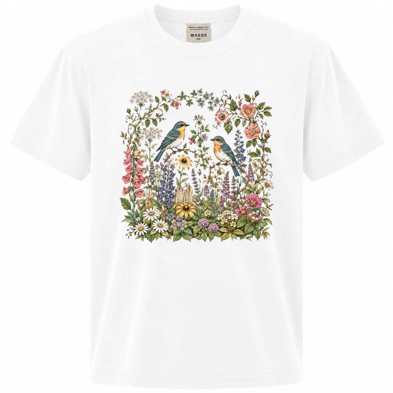 Bluebirds in Garden Flowers Nature T-Shirt for Women Botanical Bird Lover Gift Graphic Tee