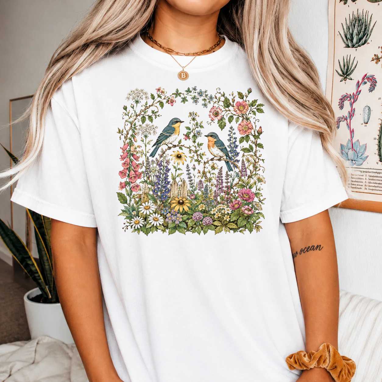 Bluebirds in Garden Flowers Nature T-Shirt for Women Botanical Bird Lover Gift Graphic Tee