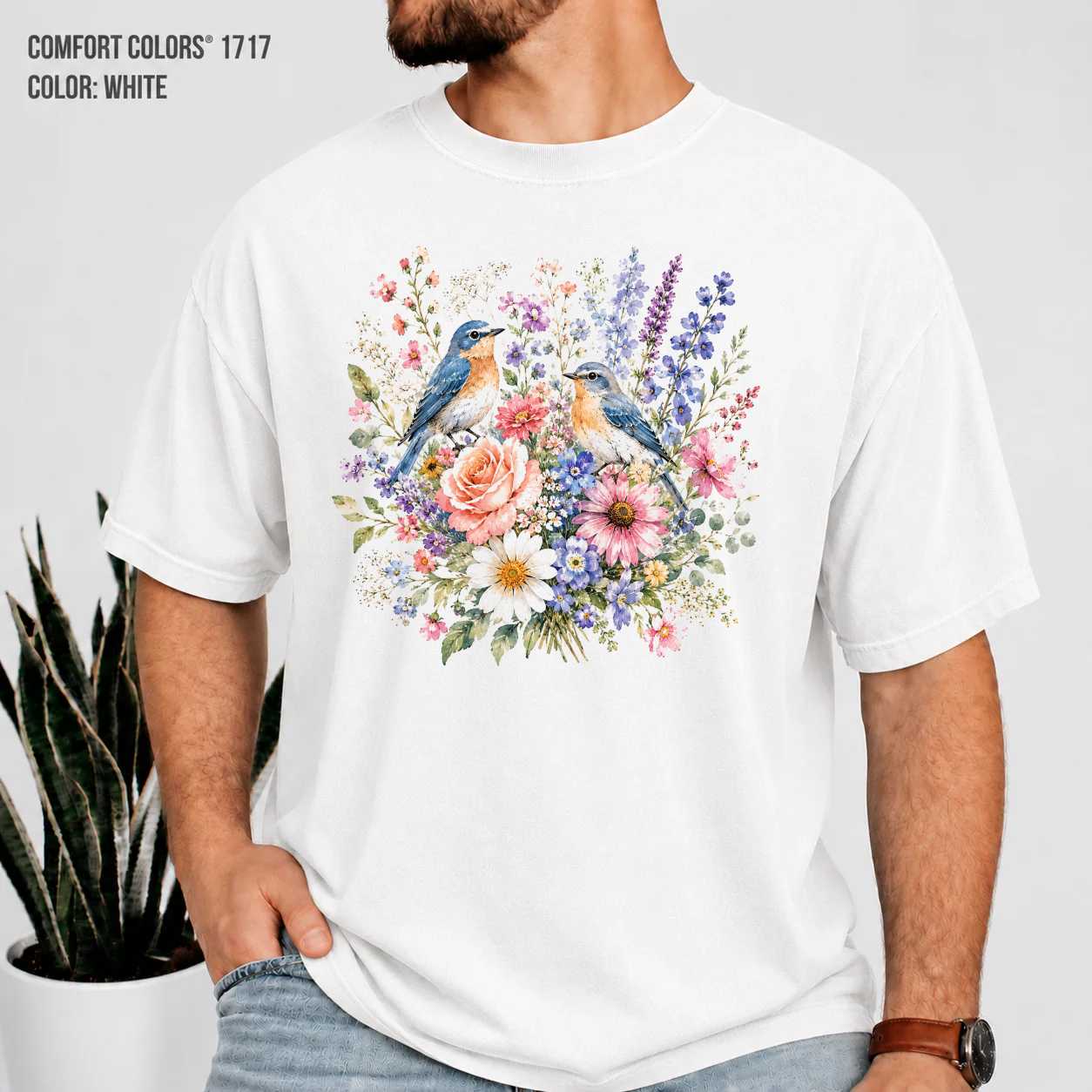 Bluebird Floral Nature T-Shirt for Women - Watercolor Bird and Wildflower Graphic Tee