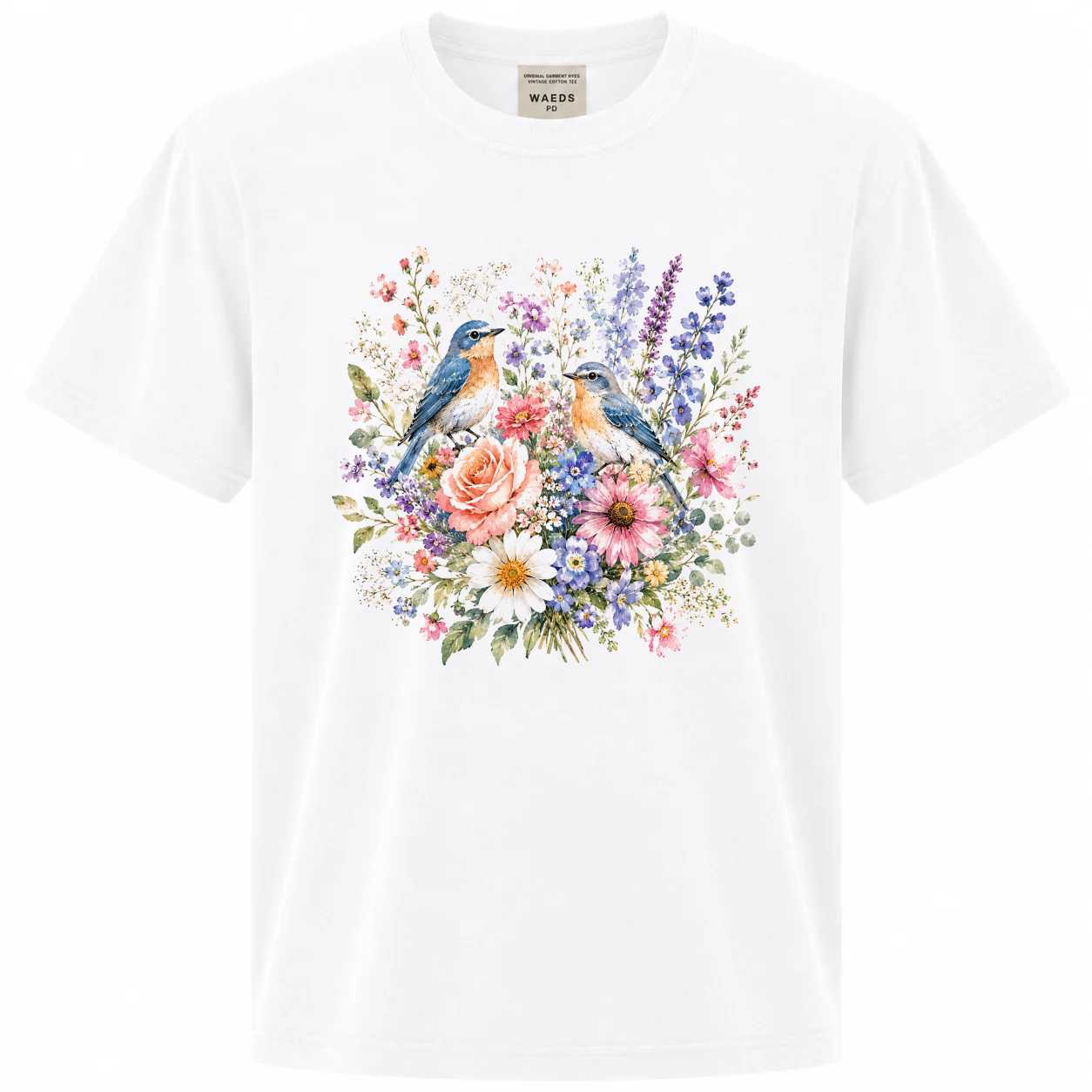 Bluebird Floral Nature T-Shirt for Women - Watercolor Bird and Wildflower Graphic Tee