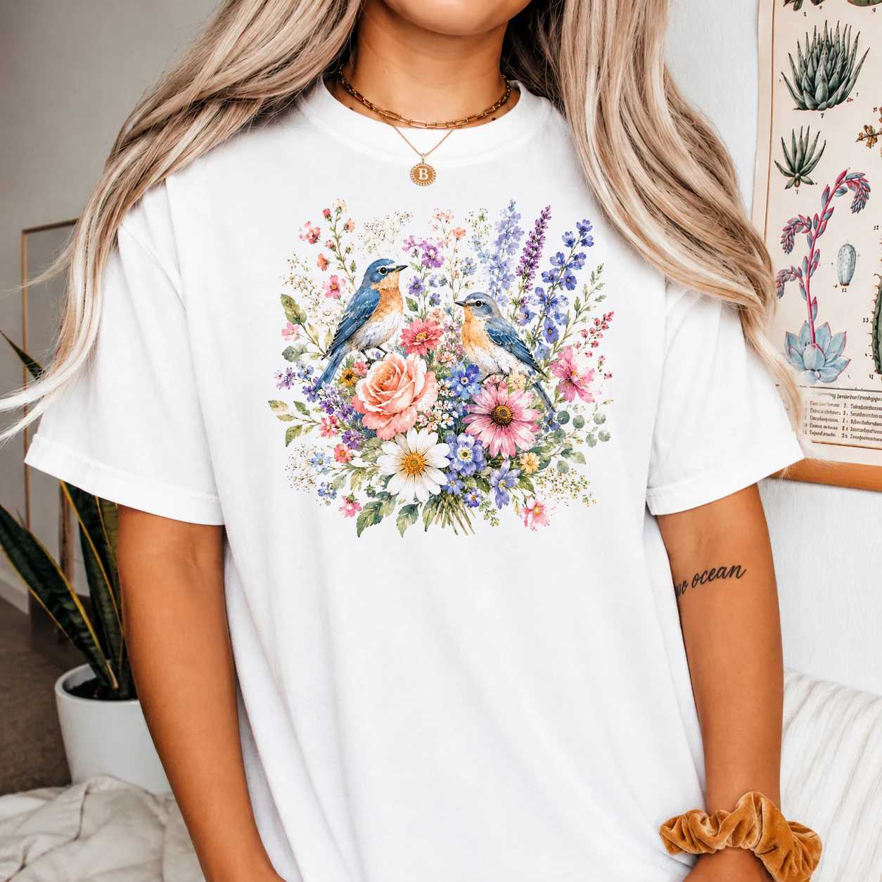 Bluebird Floral Nature T-Shirt for Women - Watercolor Bird and Wildflower Graphic Tee