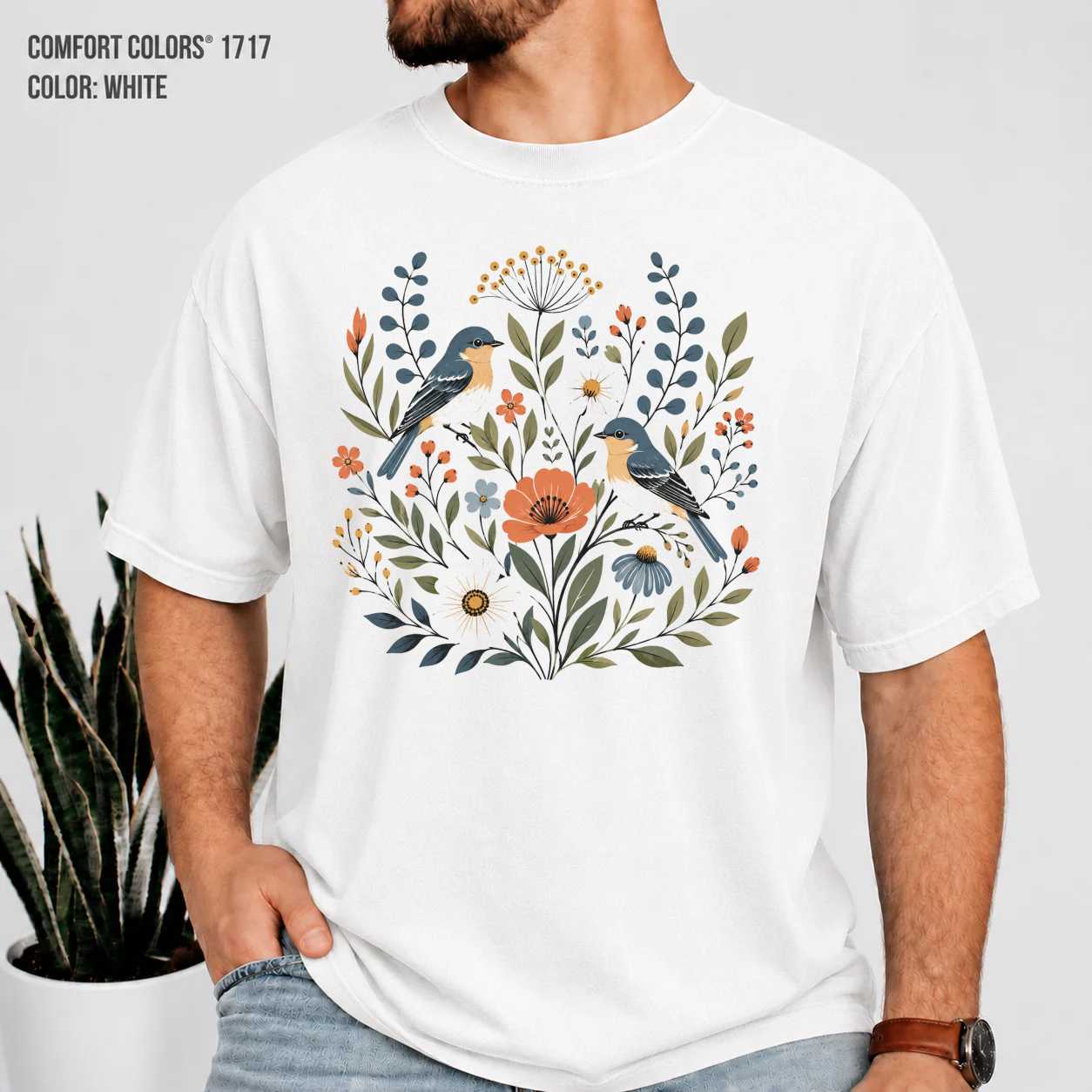 Nature T-Shirt for Nature Lovers - Floral Design with Birds, Eco-Friendly