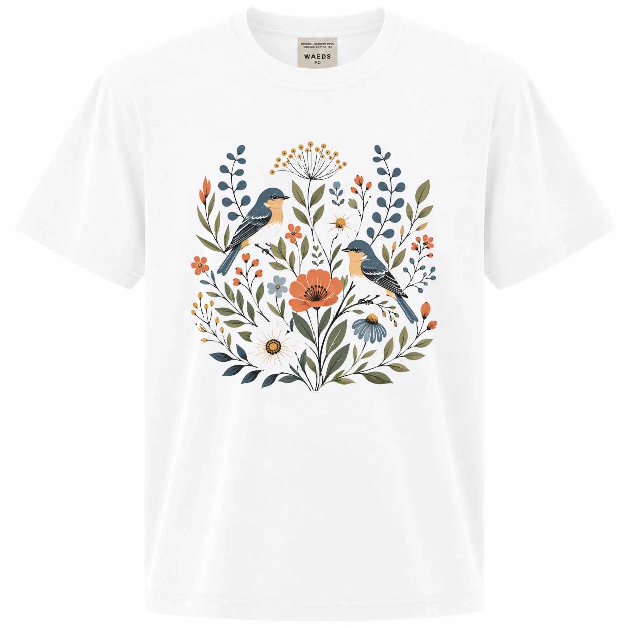 Nature T-Shirt for Nature Lovers - Floral Design with Birds, Eco-Friendly