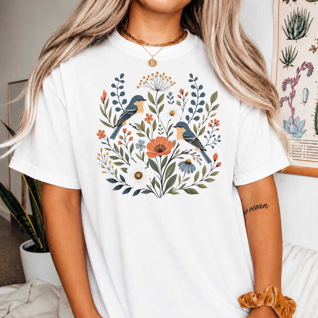 Nature T-Shirt for Nature Lovers - Floral Design with Birds, Eco-Friendly