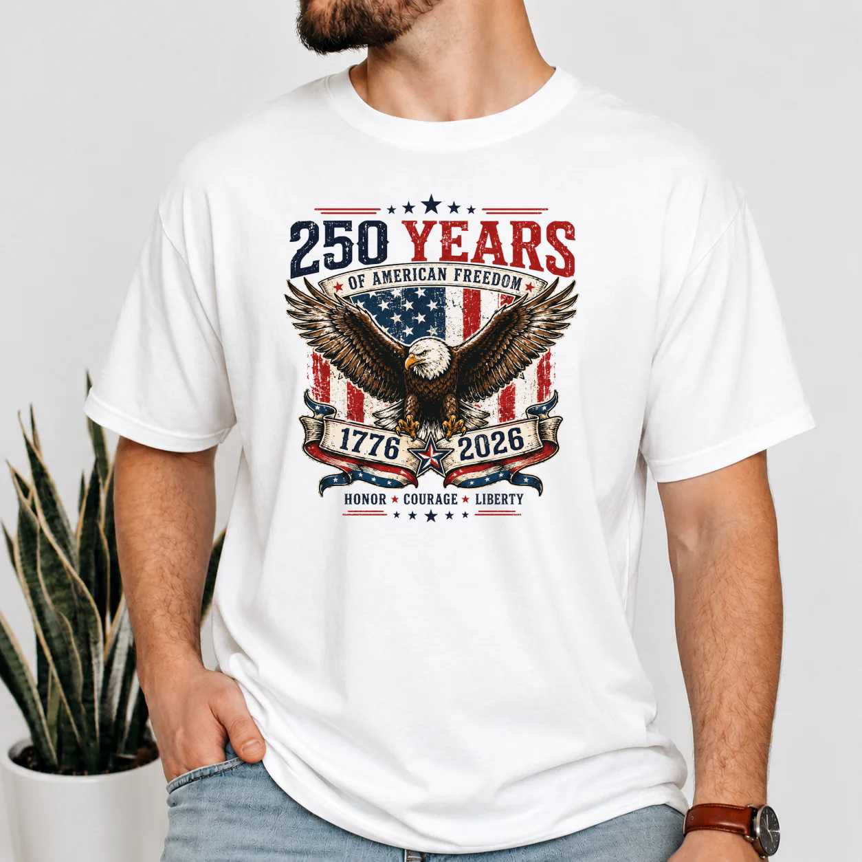250 Years of American Freedom 1776-2026 Patriotic Eagle T-Shirt for Adults USA Anniversary Tee