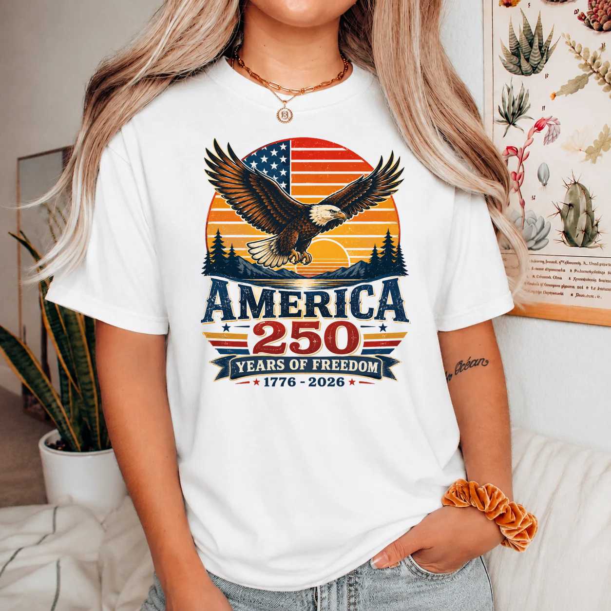America 250 Years Freedom T-Shirt for Patriotic Adults - Eagle Design, Celebrate 1776-2026