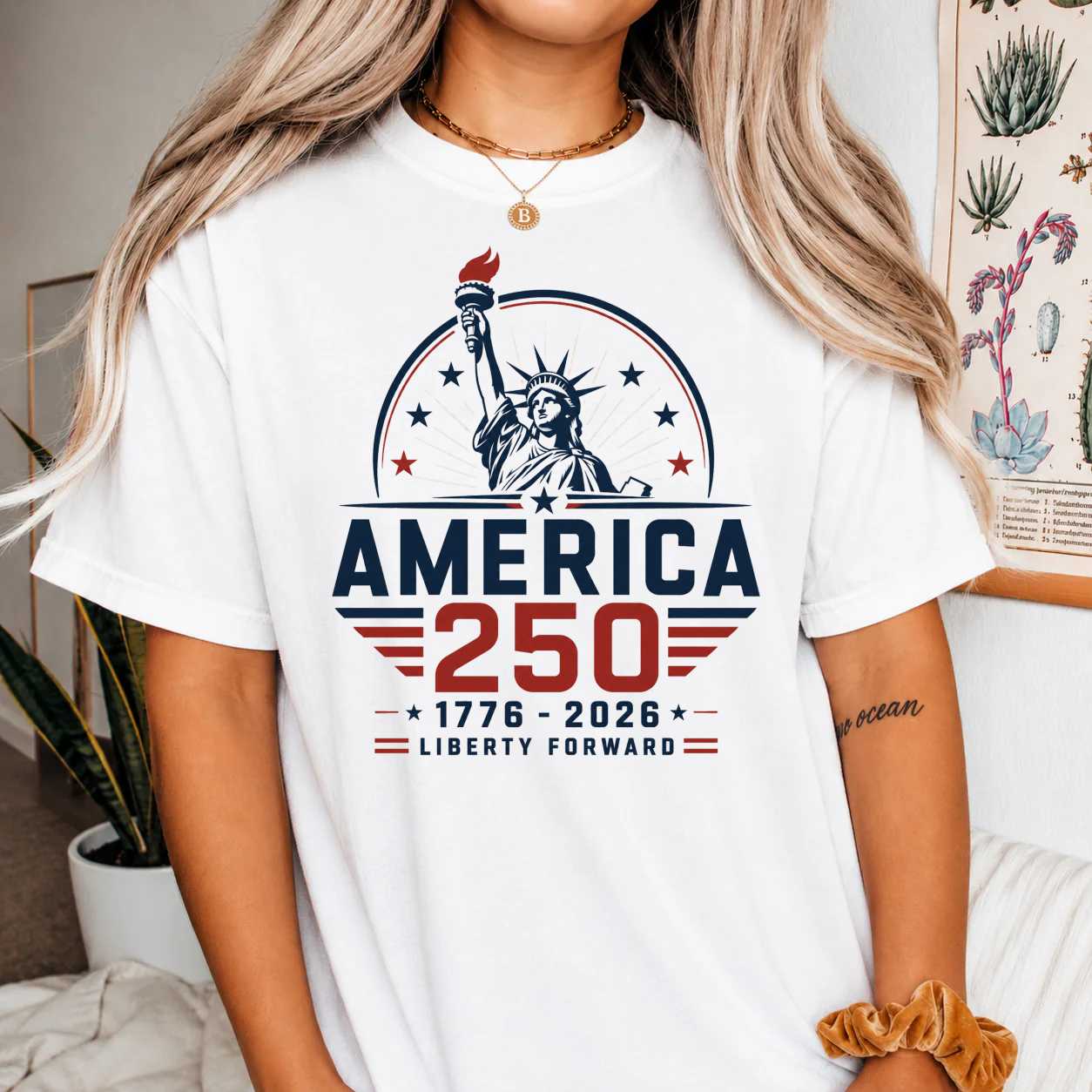 America 250 Liberty Forward T-Shirt for Adults Patriotic USA Semiquincentennial Graphic Tee