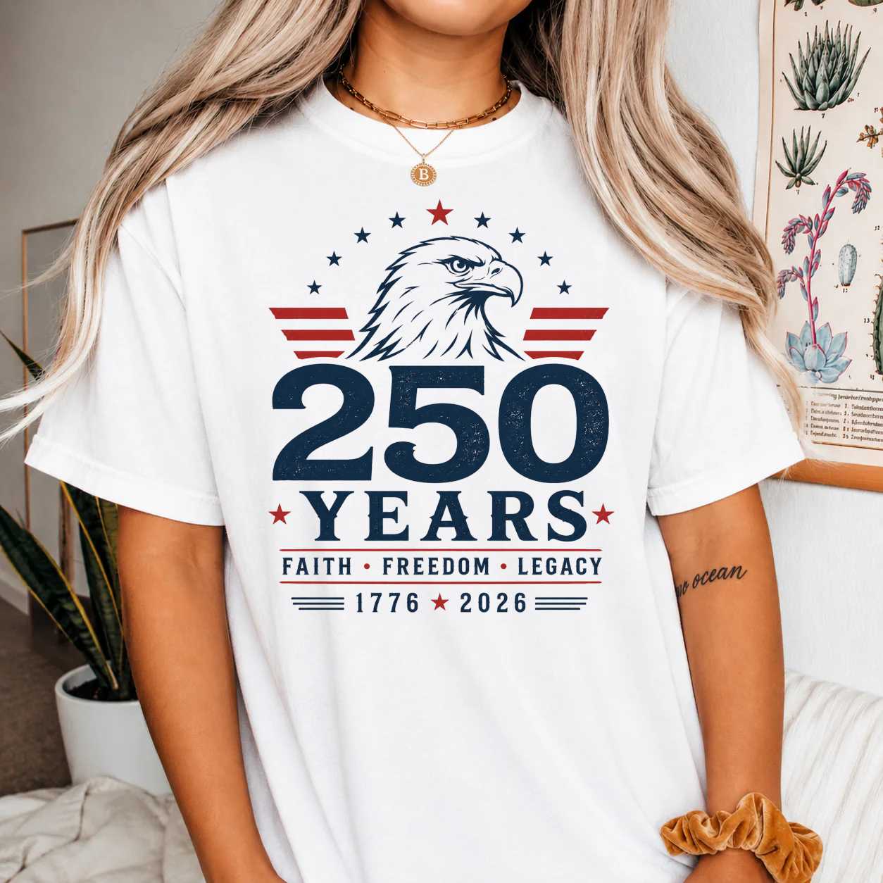 250 Years Faith Freedom Legacy Eagle T-Shirt for Adults - Patriotic 250th Anniversary Design