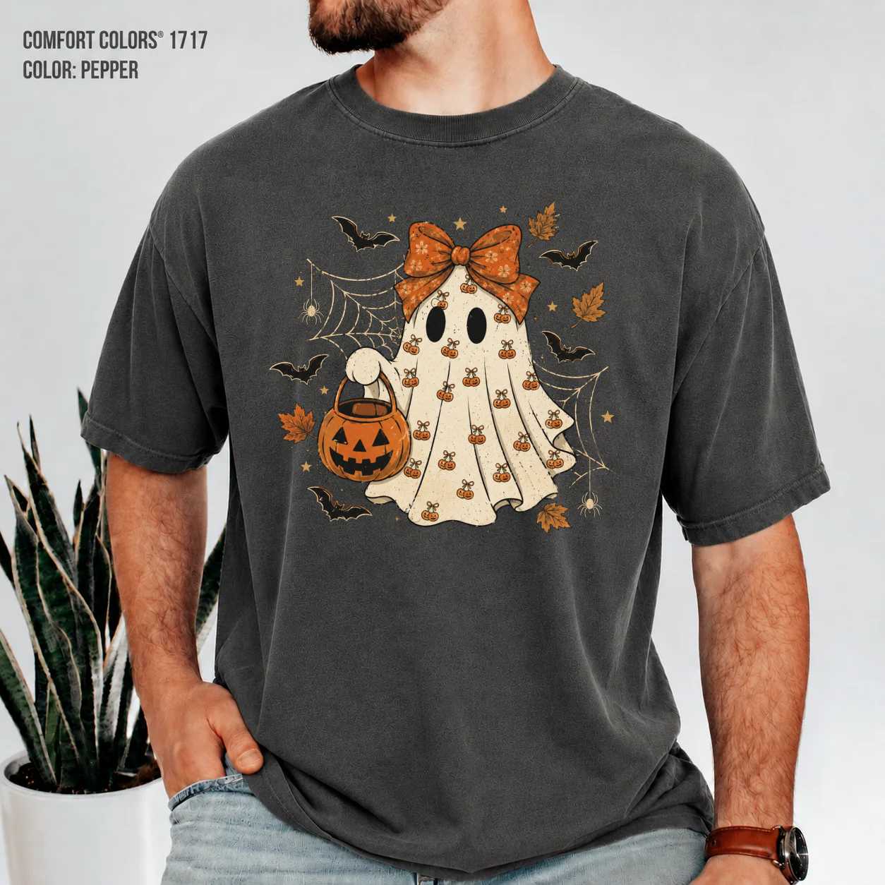 Coquette Bow Ghost T-Shirt Cute Pumpkin Fall Shirt for Women Spooky Season Aesthetic Graphic Tee