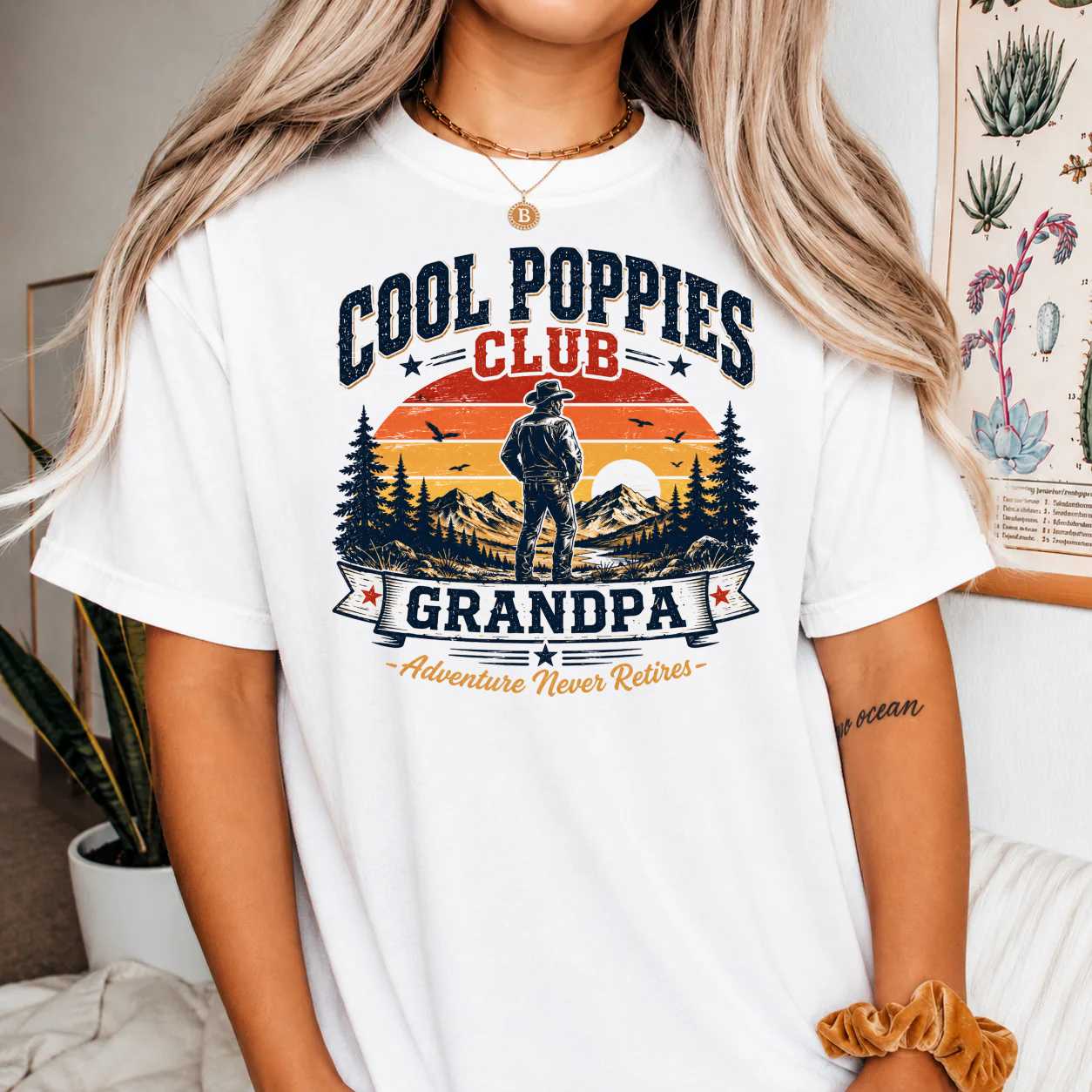 Cool Poppies Club Grandpa T-Shirt Funny Cowboy Adventure Graphic Tee for Men Father's Day Gift
