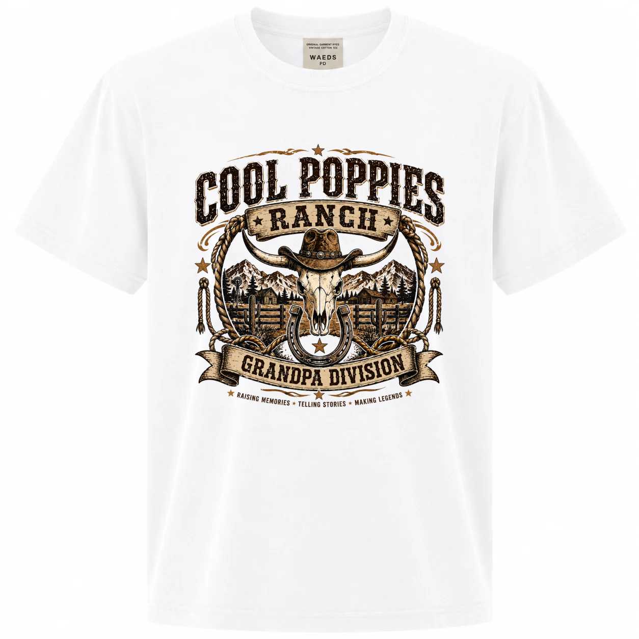 Cool Poppies Ranch Grandpa Division T-Shirt Western Cowboy Bull Skull Graphic Tee for Men